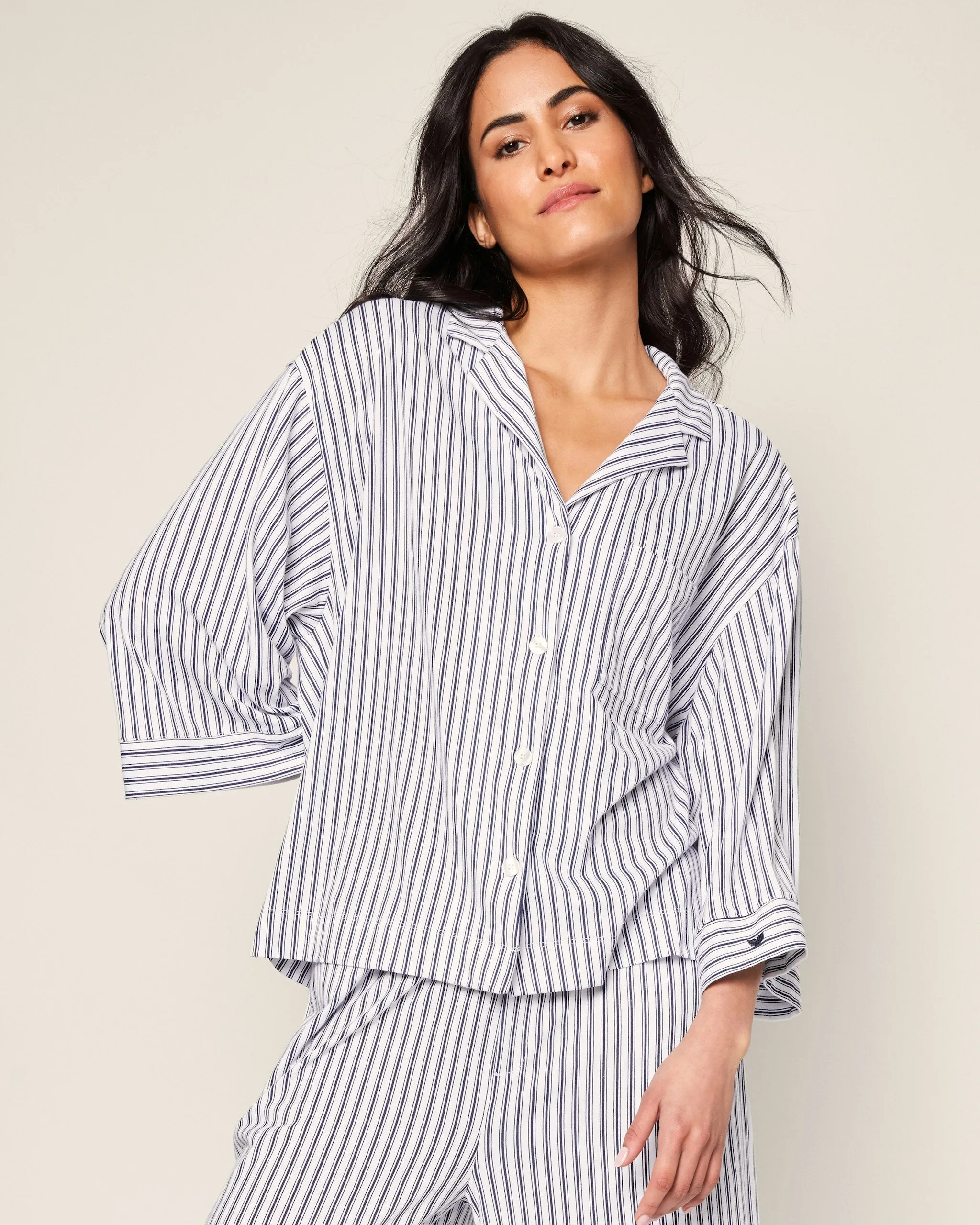 The Olivia Wide Leg Pima Pajama Set in Navy French Ticking sold by Petite Plume product image thumbnail 4