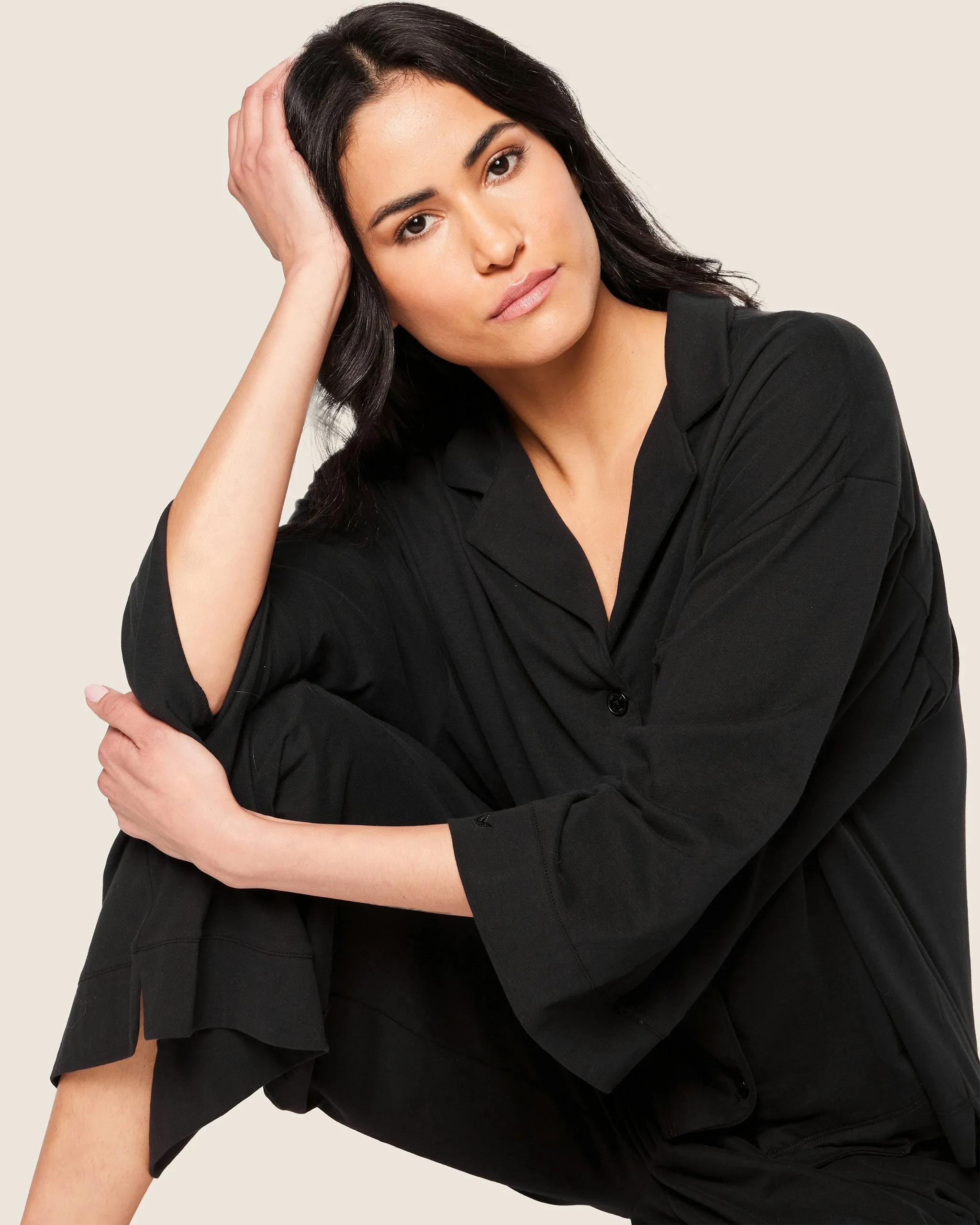 The Olivia Wide Leg Pima Pajama Set in Black sold by Petite Plume product image thumbnail 5