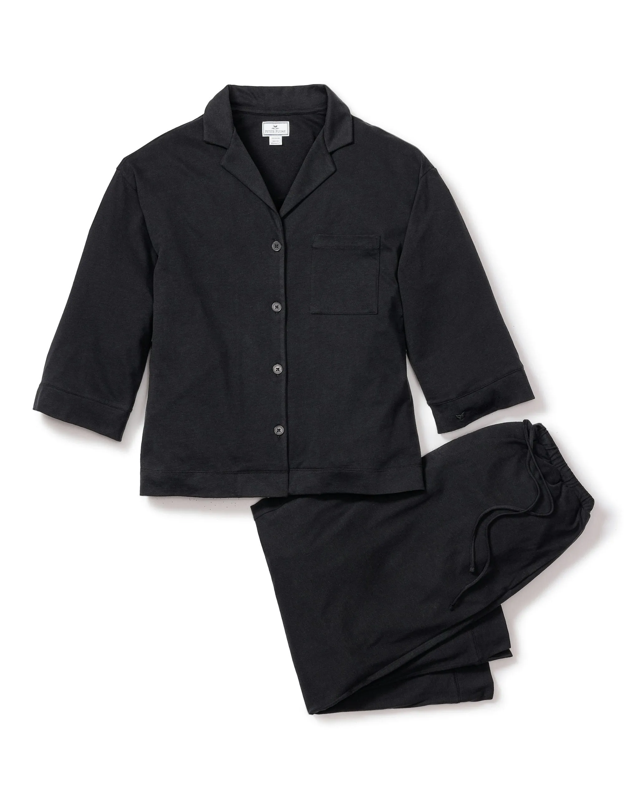 The Olivia Wide Leg Pima Pajama Set in Black sold by Petite Plume