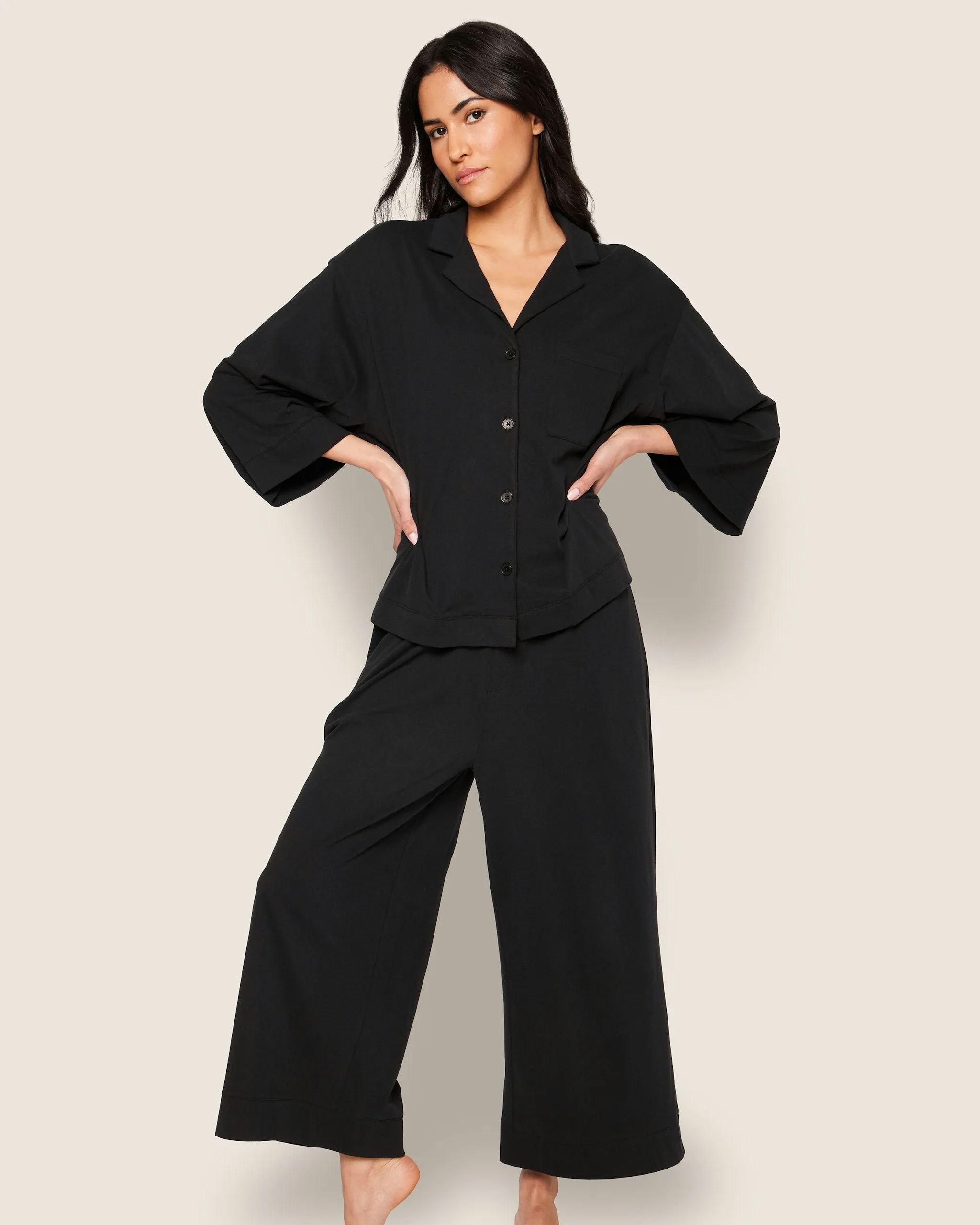 The Olivia Wide Leg Pima Pajama Set in Black sold by Petite Plume product image thumbnail 2