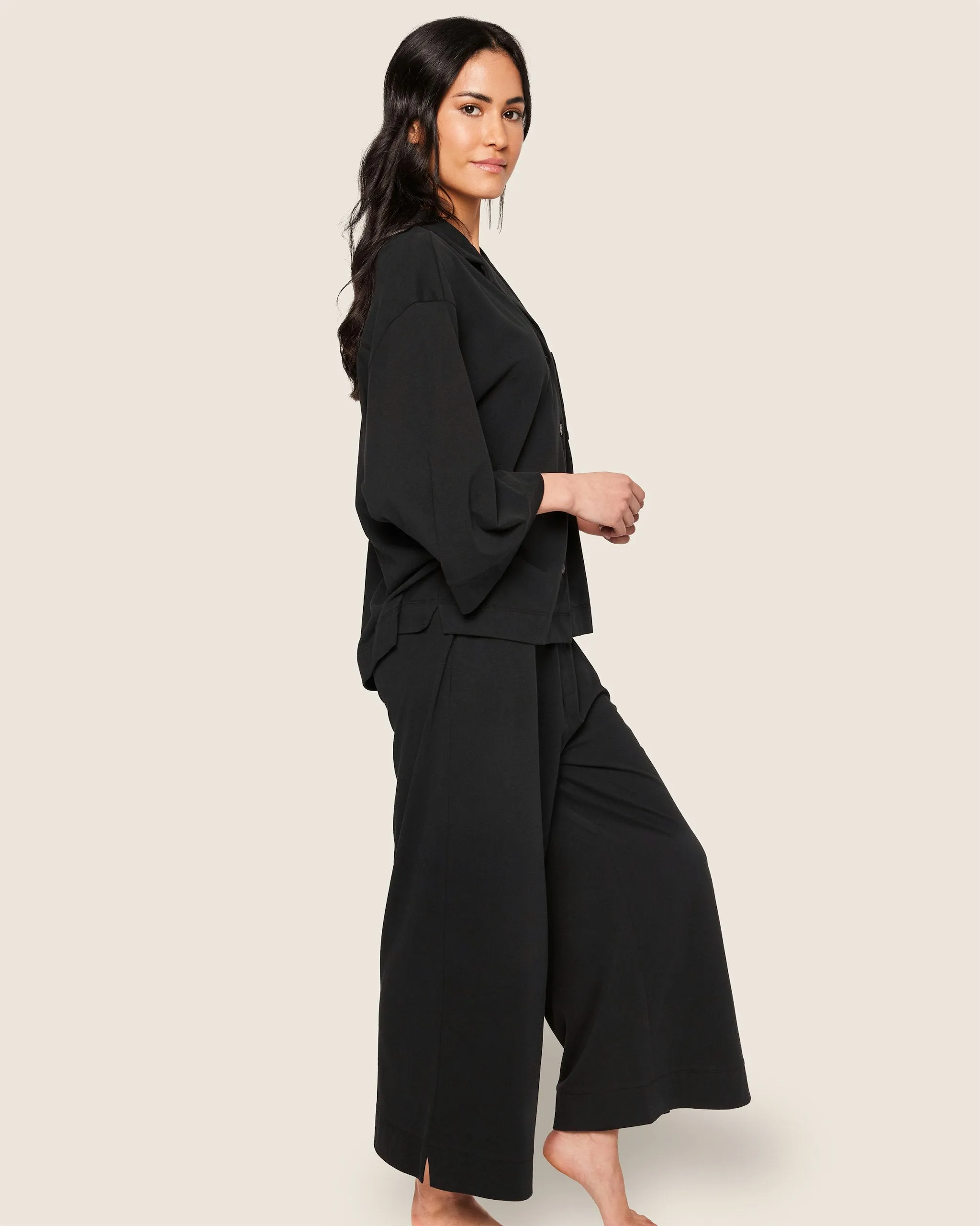 The Olivia Wide Leg Pima Pajama Set in Black sold by Petite Plume product image thumbnail 3