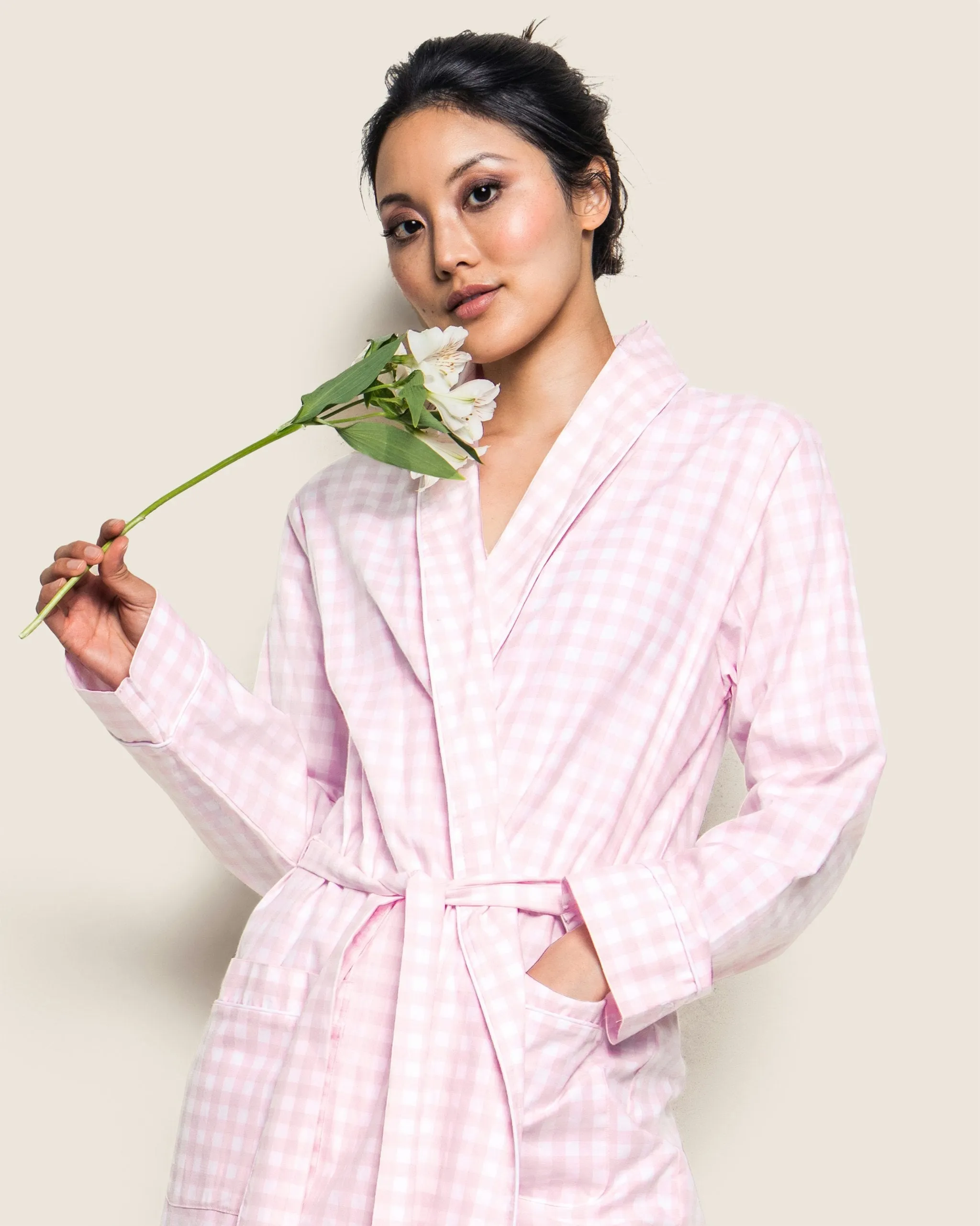 Women's Twill Robe in Pink Gingham sold by Petite Plume product image thumbnail 4