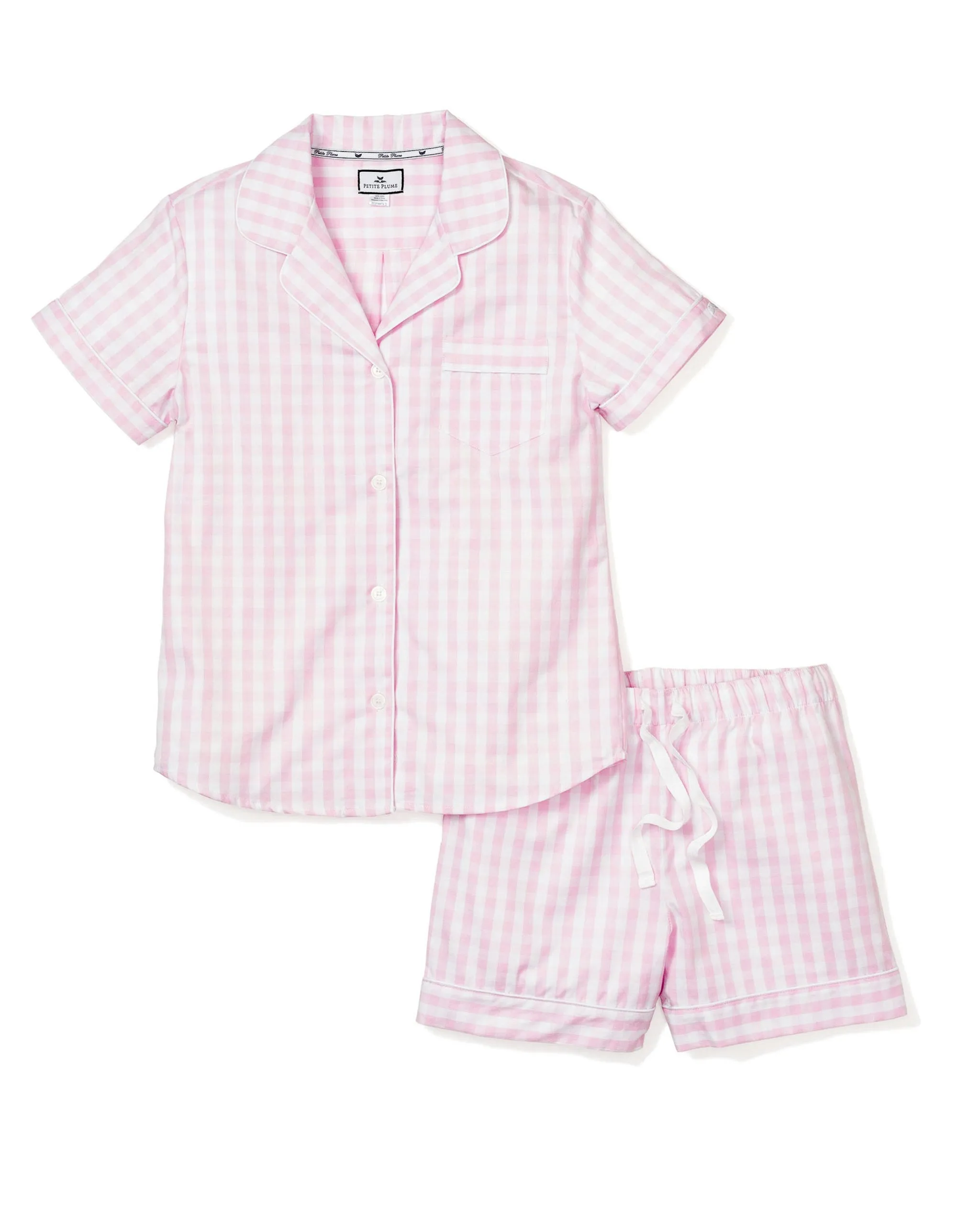 Women's Twill Short Sleeve Short Set in Pink Gingham sold by Petite Plume