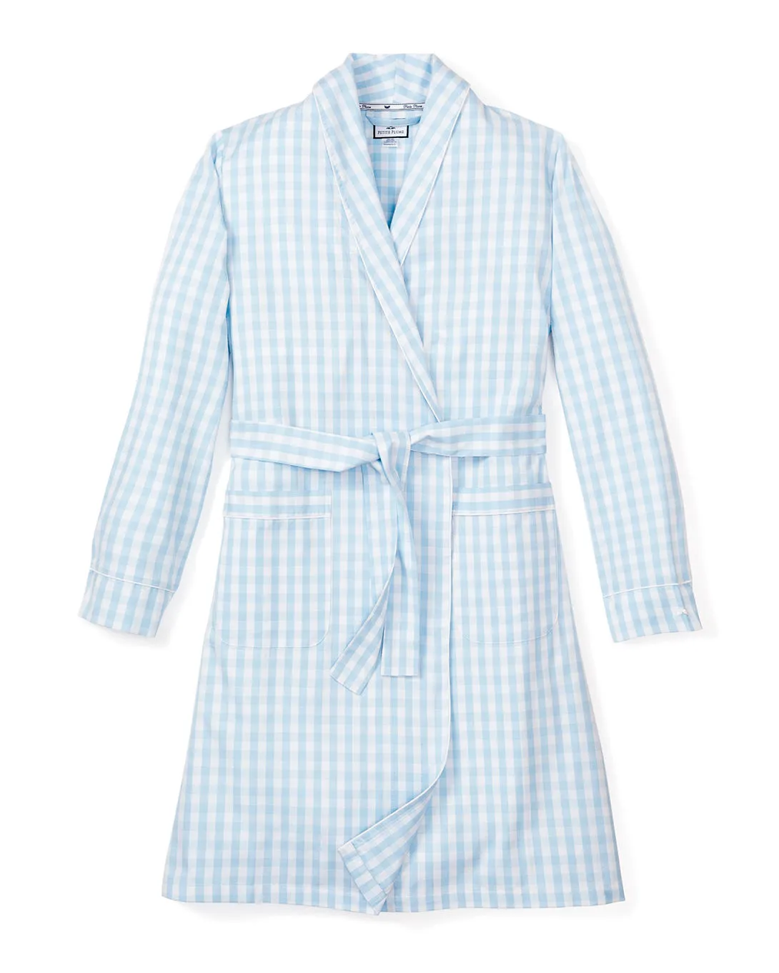 Women's Twill Robe in Light Blue Gingham sold by Petite Plume