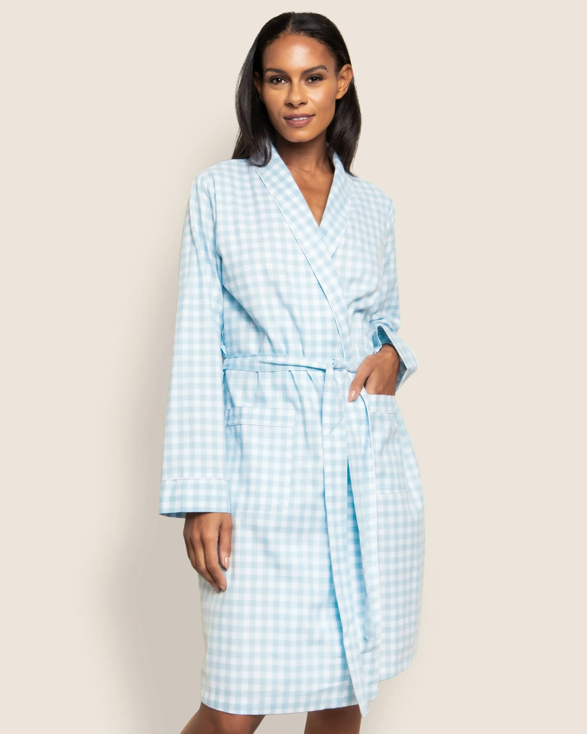 Women's Twill Robe in Light Blue Gingham sold by Petite Plume product image thumbnail 2