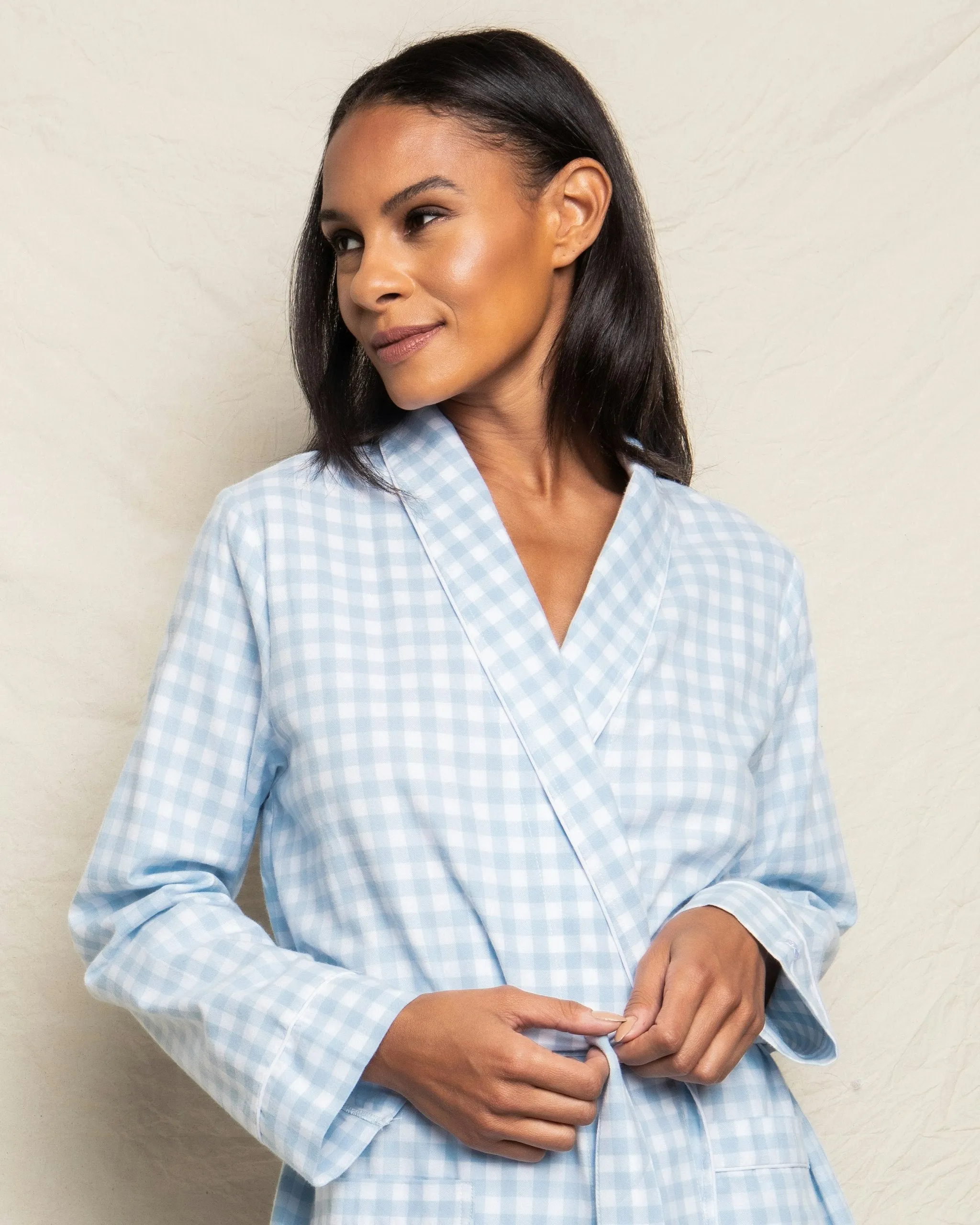 Women's Twill Robe in Light Blue Gingham sold by Petite Plume product image thumbnail 3