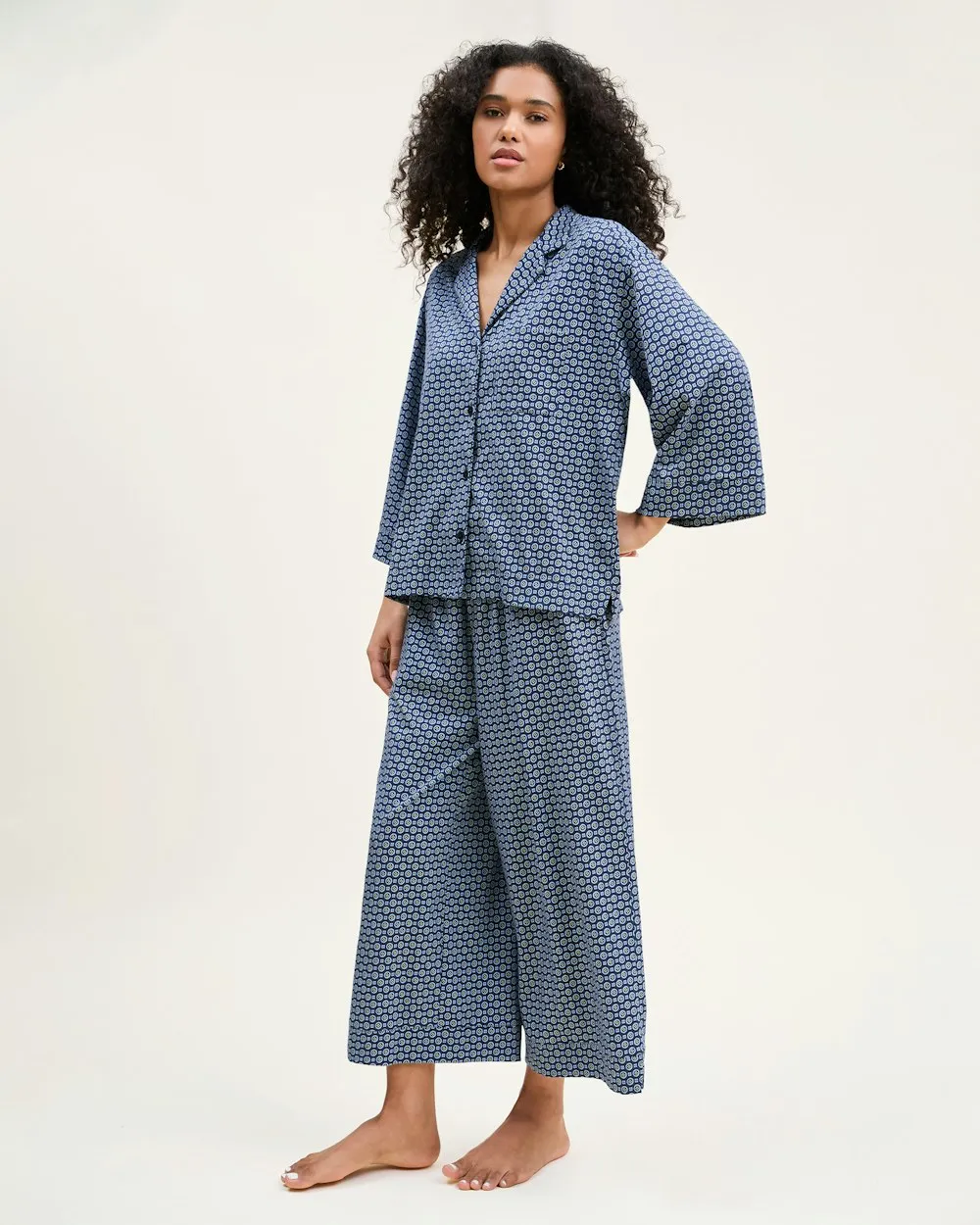 The Olivia Wide Leg Pima Pajama Set in Midnight Foulard sold by Petite Plume product image thumbnail 2