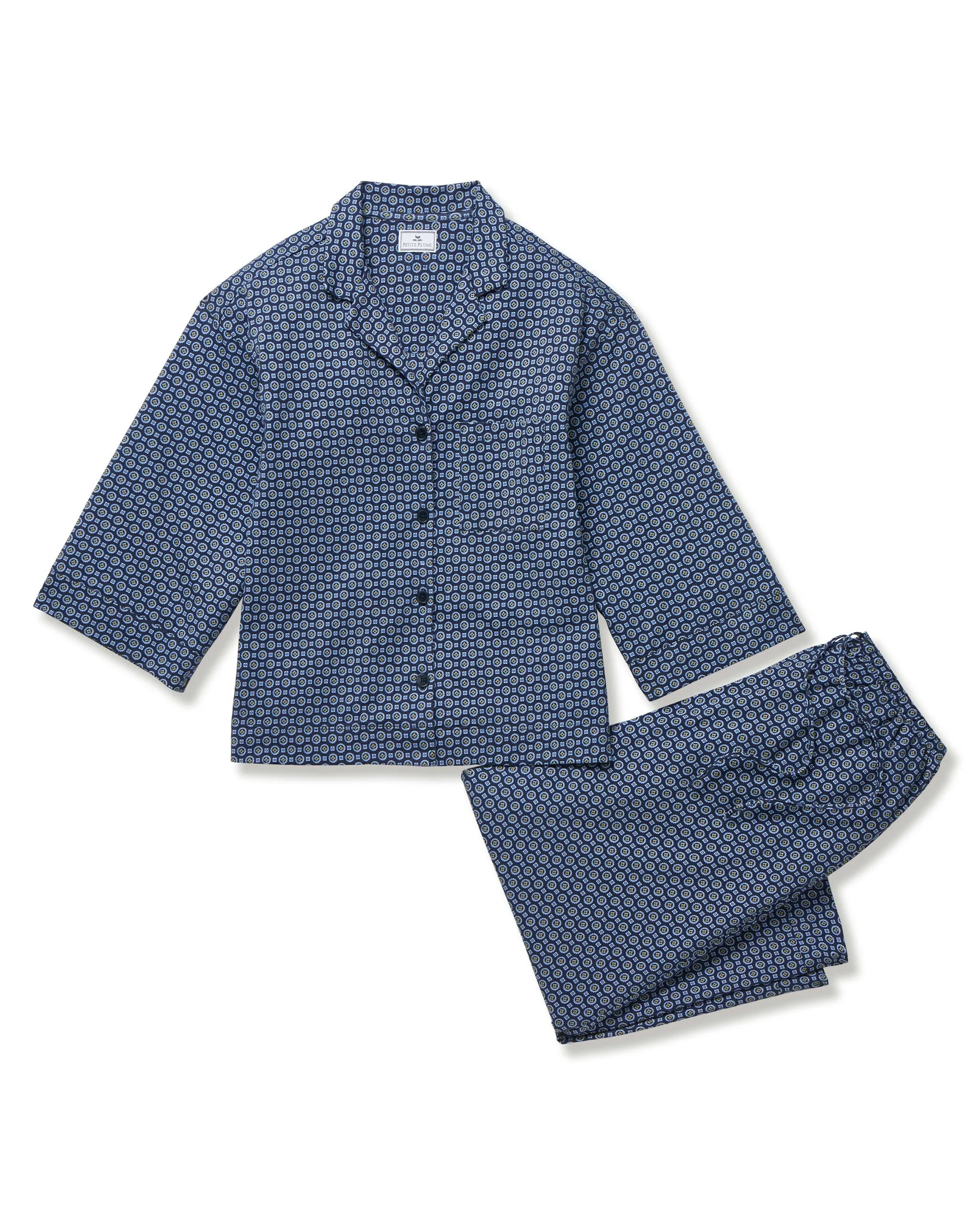 The Olivia Wide Leg Pima Pajama Set in Midnight Foulard sold by Petite Plume