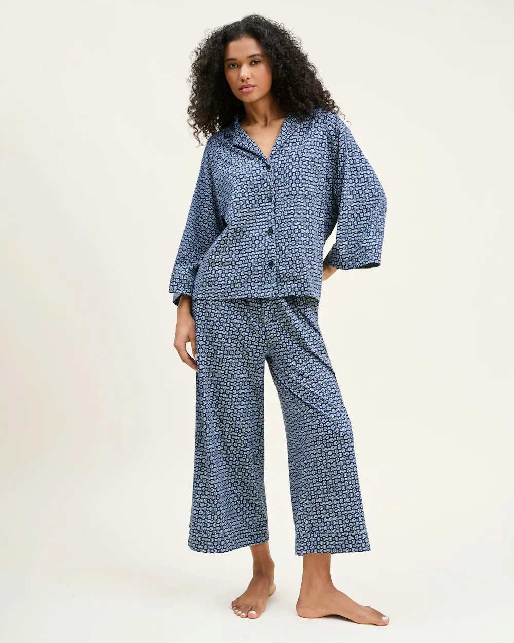 The Olivia Wide Leg Pima Pajama Set in Midnight Foulard sold by Petite Plume product image thumbnail 3