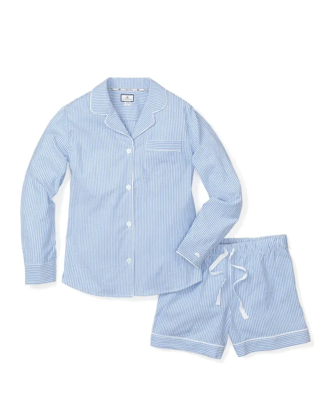 Women's Twill Long Sleeve Short Set in French Blue Heritage Stripe sold by Petite Plume