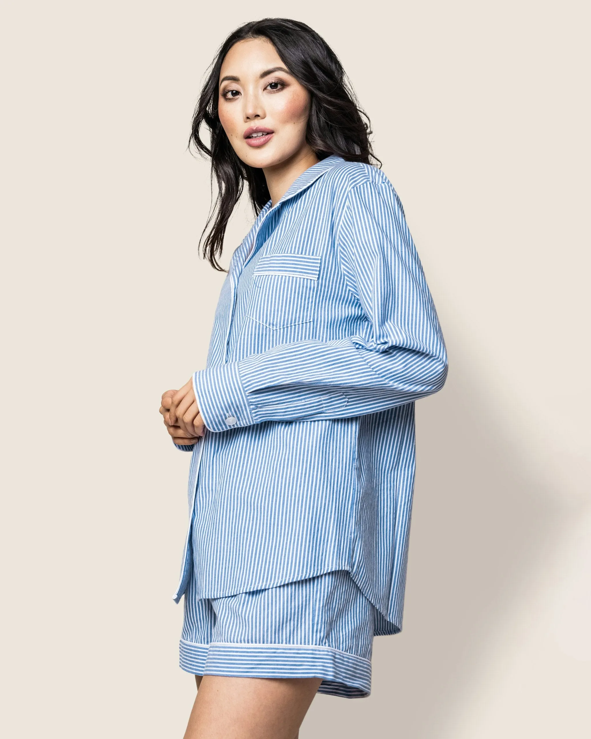 Women's Twill Long Sleeve Short Set in French Blue Heritage Stripe sold by Petite Plume product image thumbnail 3