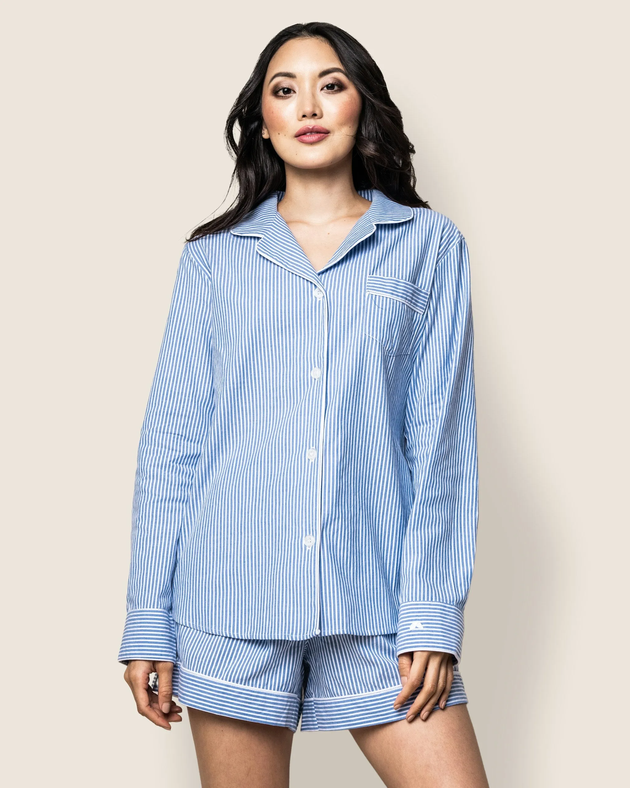 Women's Twill Long Sleeve Short Set in French Blue Heritage Stripe sold by Petite Plume product image thumbnail 2