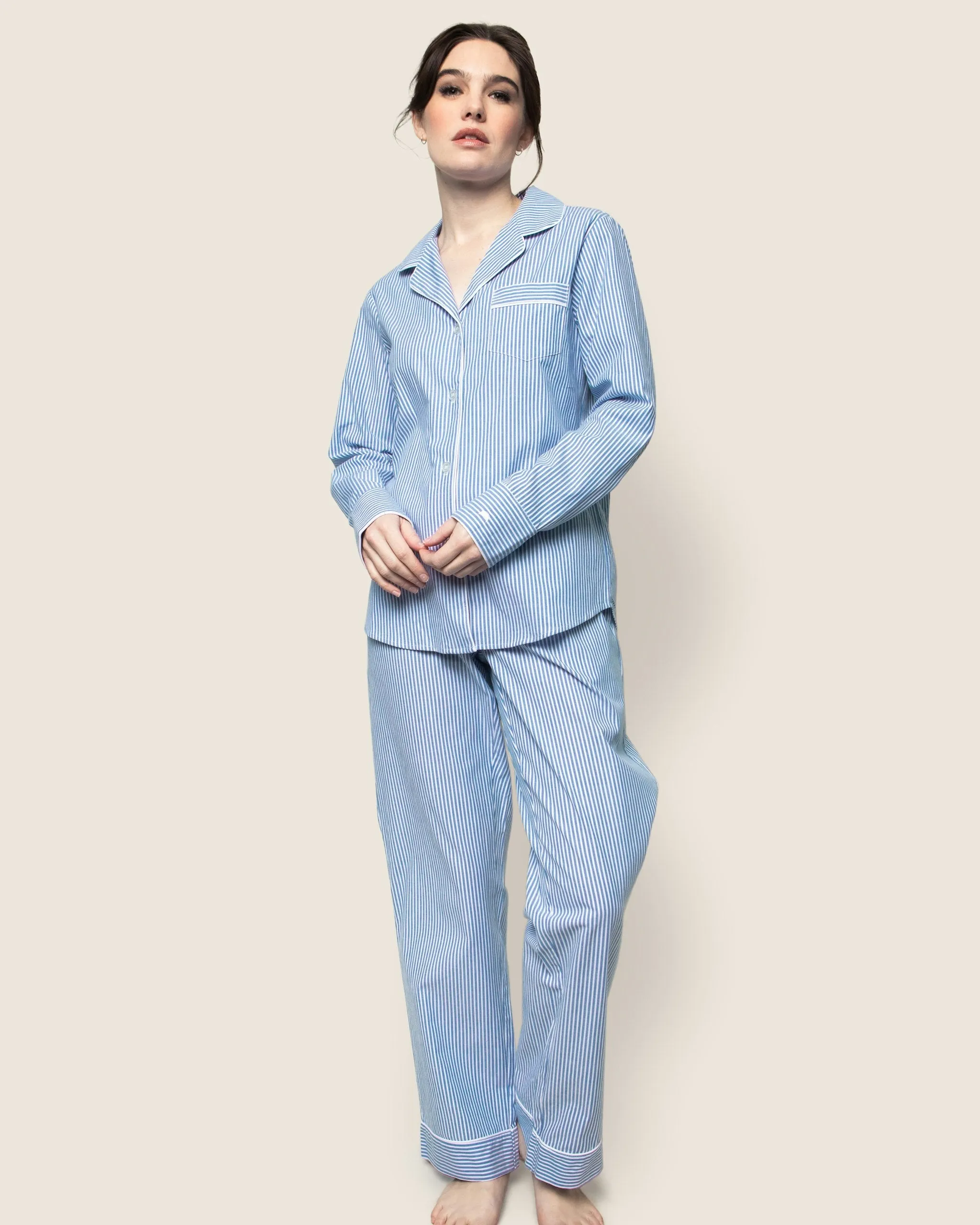 Women's Twill Pajama Set in French Blue Heritage Stripe sold by Petite Plume product image thumbnail 2