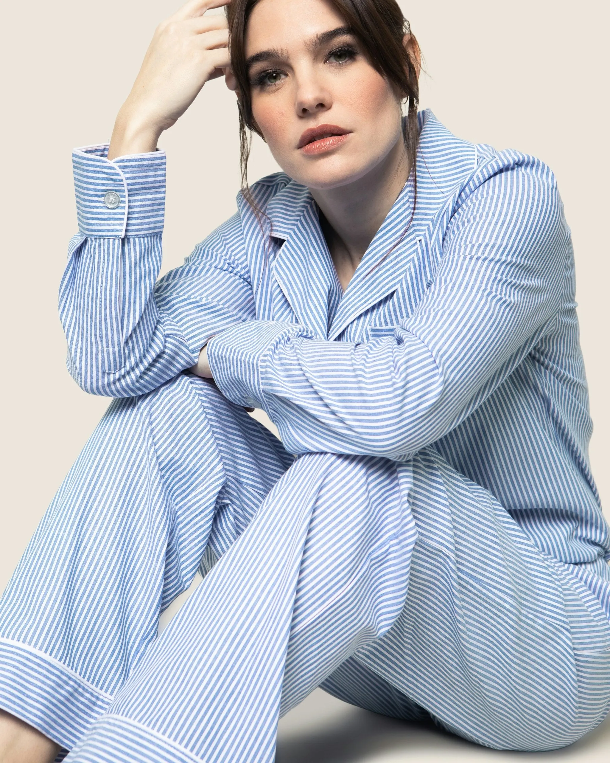 Women's Twill Pajama Set in French Blue Heritage Stripe sold by Petite Plume product image thumbnail 3