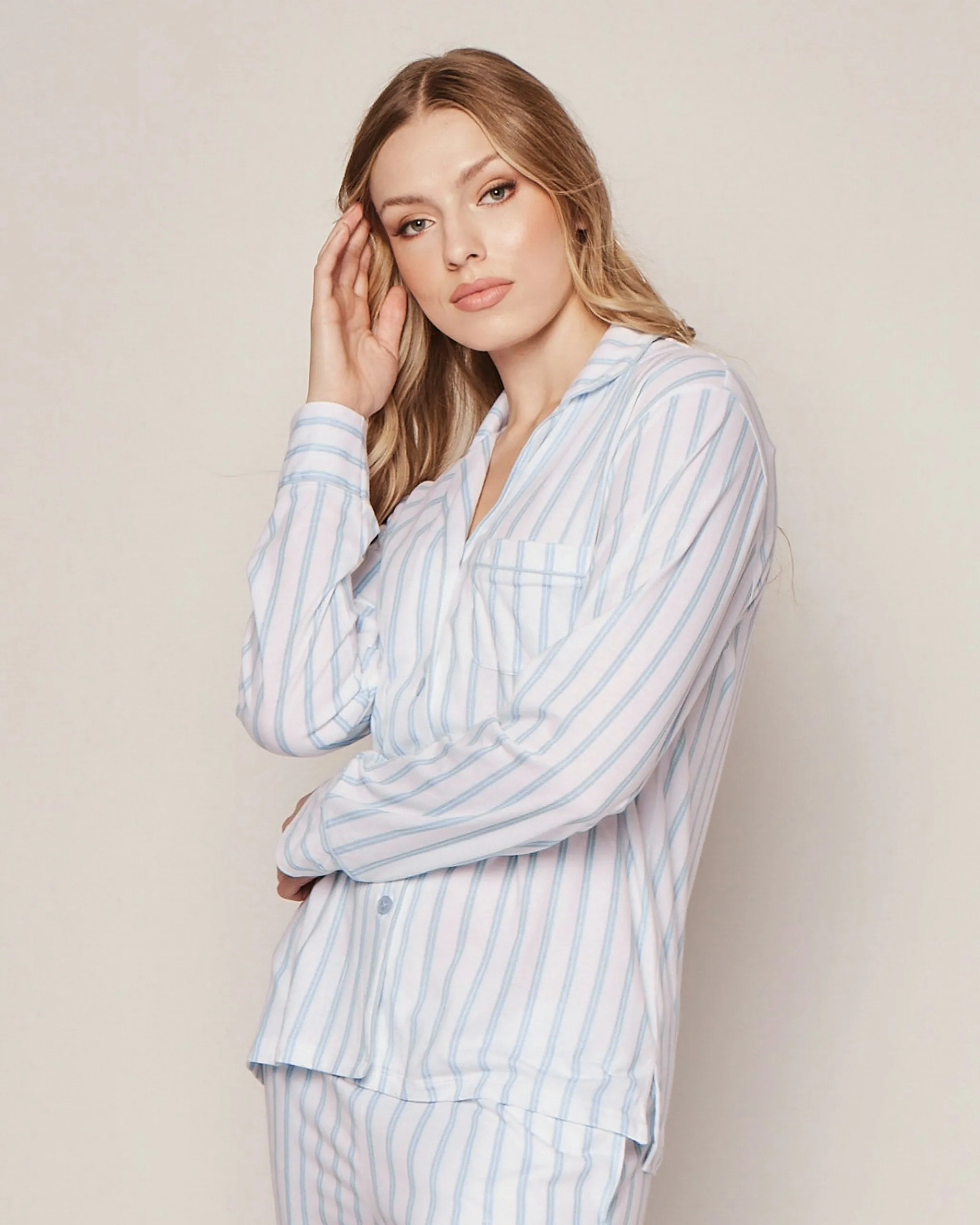 Women's Pima Pajama Set in Periwinkle and White Stripe sold by Petite Plume product image thumbnail 3