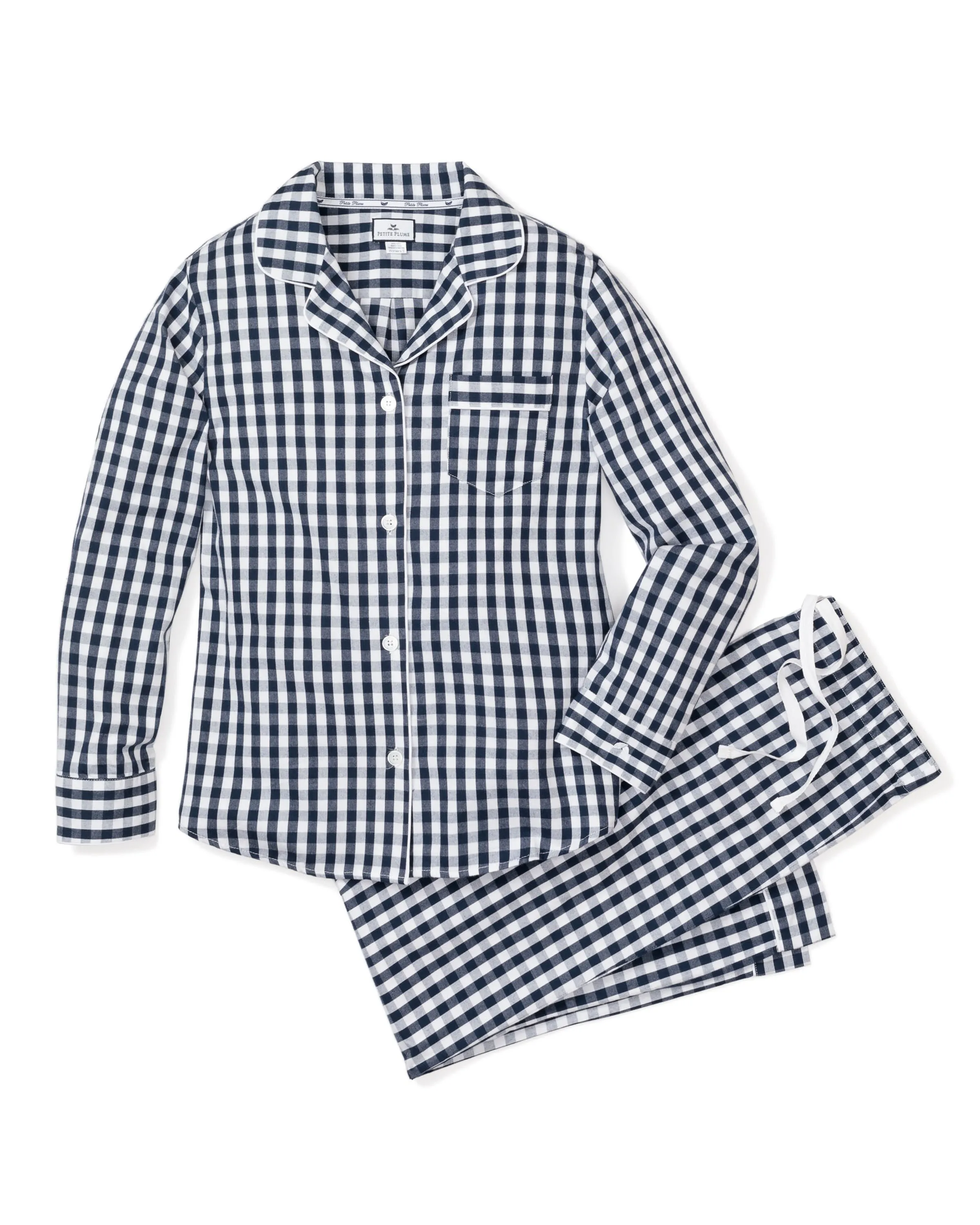 Women's Twill Pajama Set in Navy Gingham sold by Petite Plume