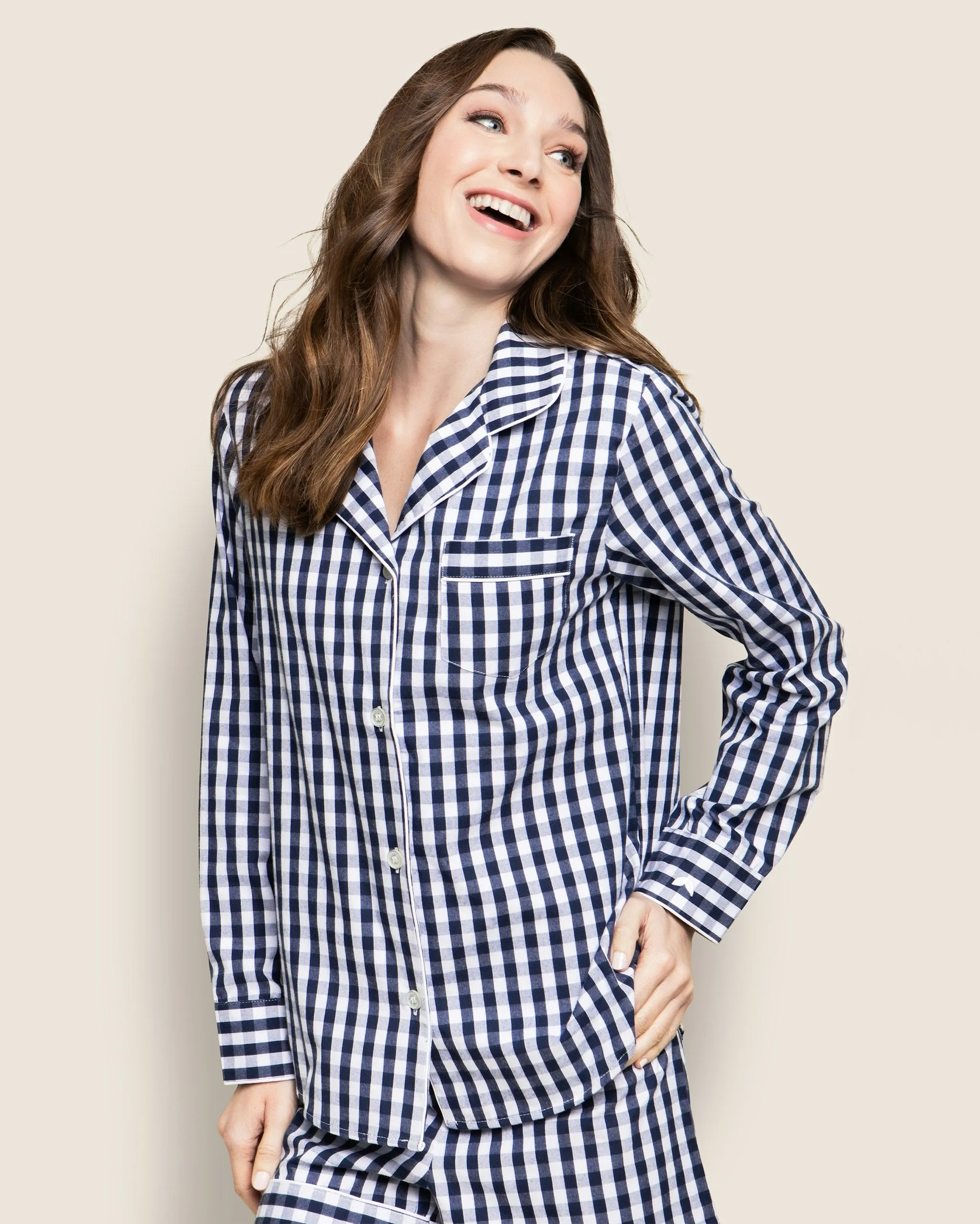Women's Twill Pajama Long Sleeve Short Set in Navy Gingham sold by Petite Plume product image thumbnail 3