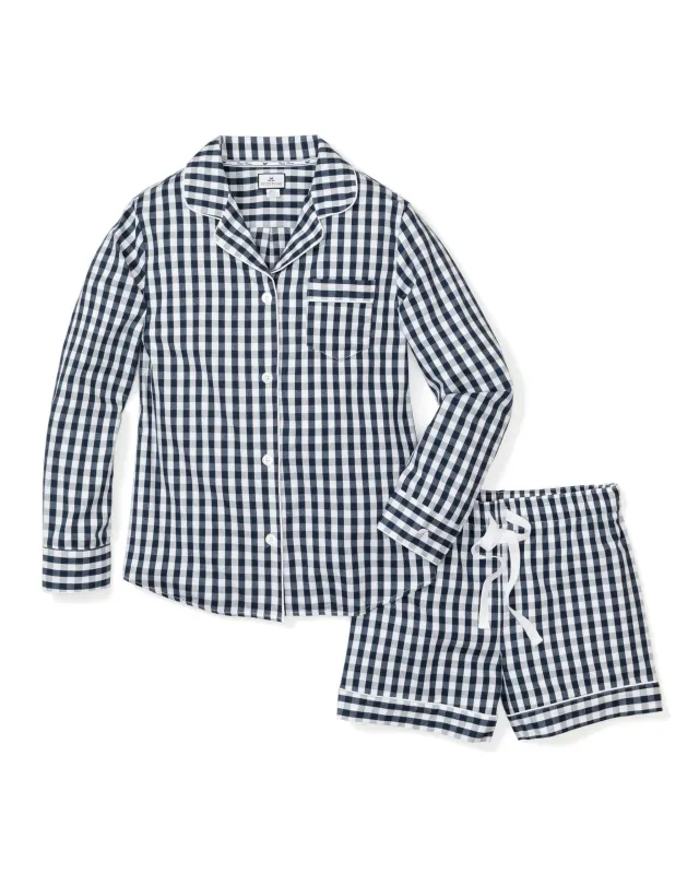Women's Twill Pajama Long Sleeve Short Set in Navy Gingham sold by Petite Plume