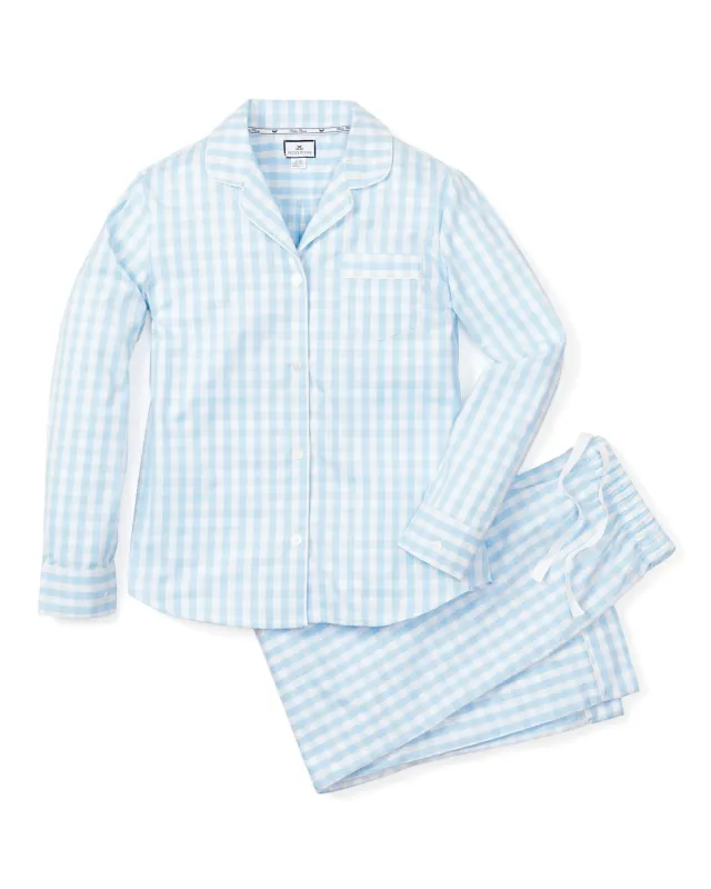 Women's Twill Pajama Set in Light Blue Gingham sold by Petite Plume