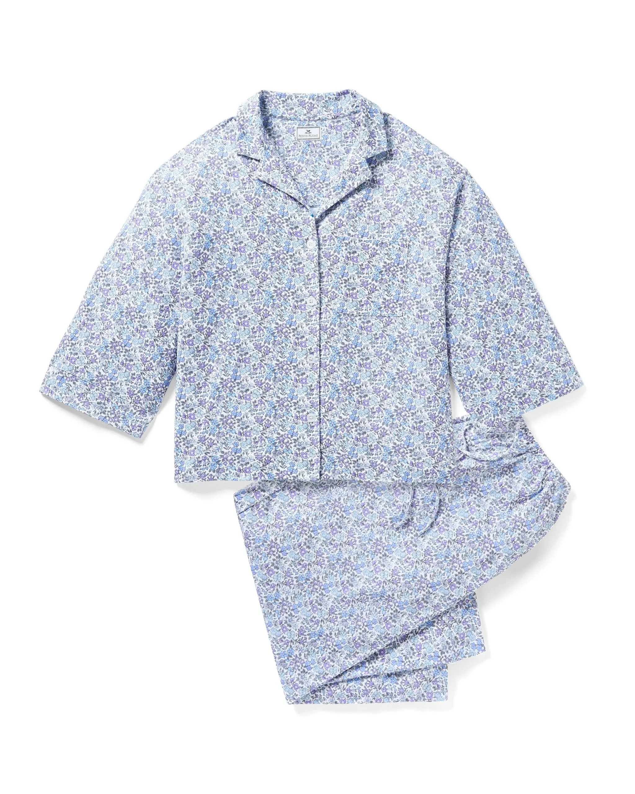 The Olivia Wide Leg Pima Pajama Set in Fleur D'Azur sold by Petite Plume
