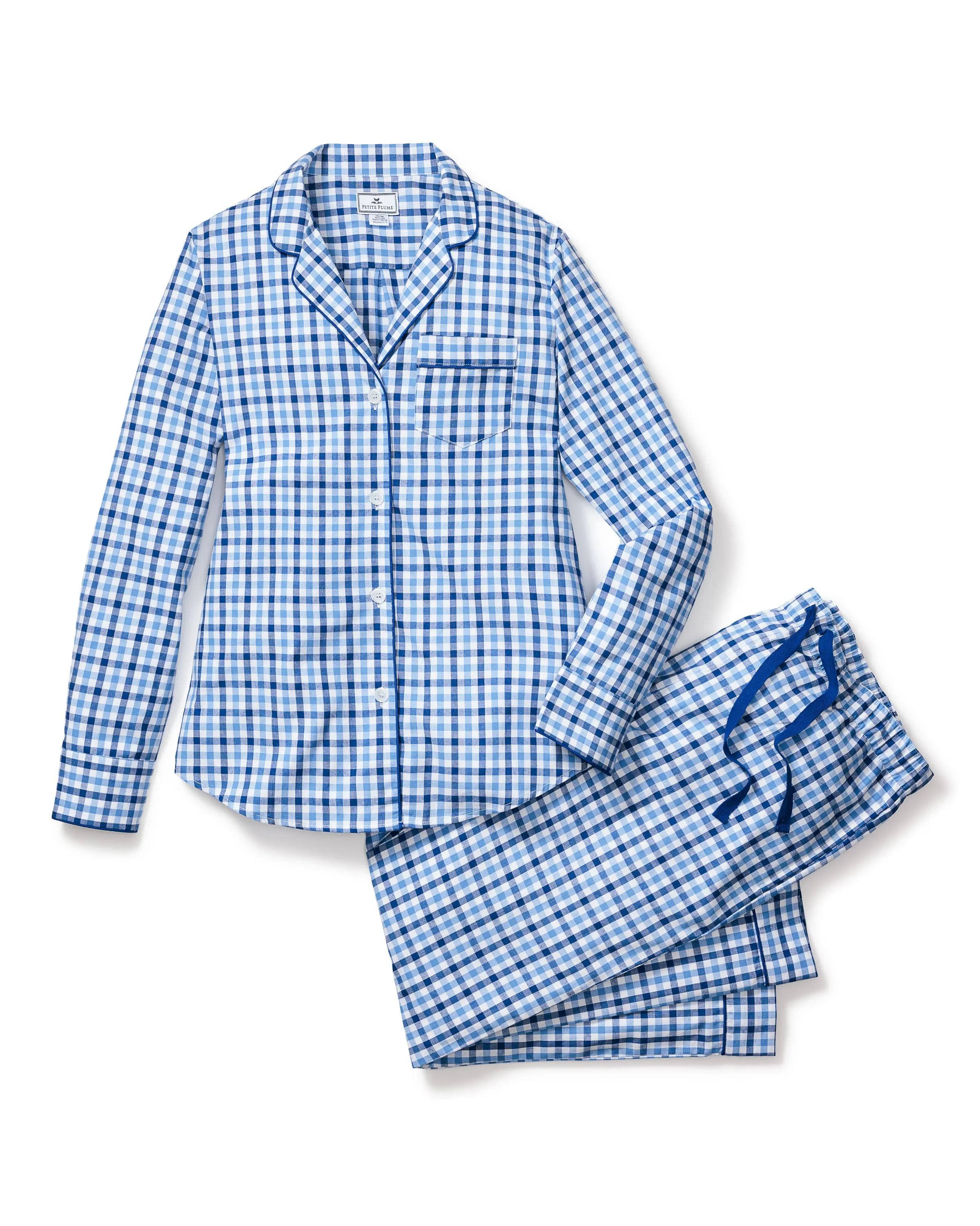 Women's Twill Pajama Set in Royal Blue Gingham sold by Petite Plume