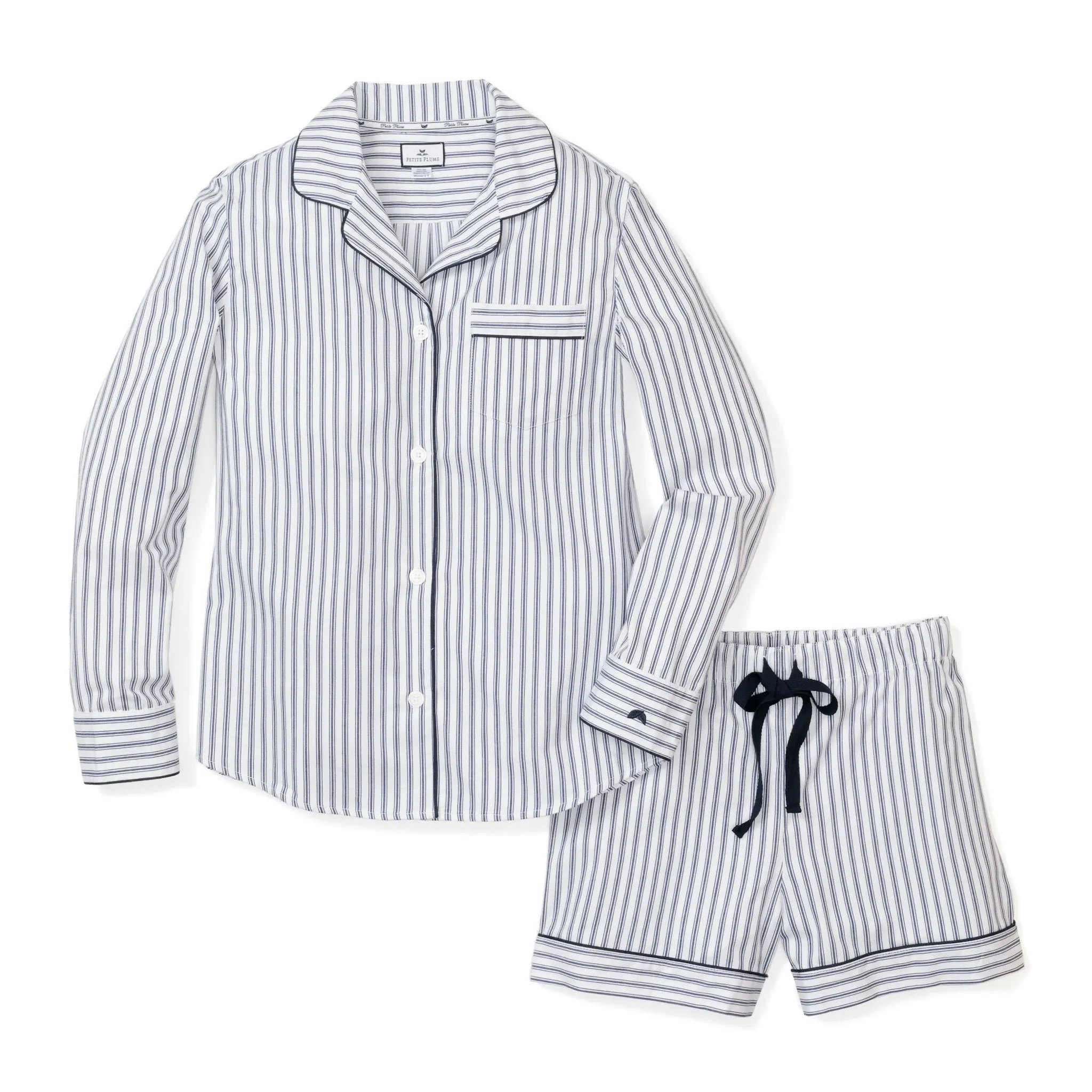 Women's Twill Pajama Long Sleeve Short Set In Navy French Ticking sold by Petite Plume