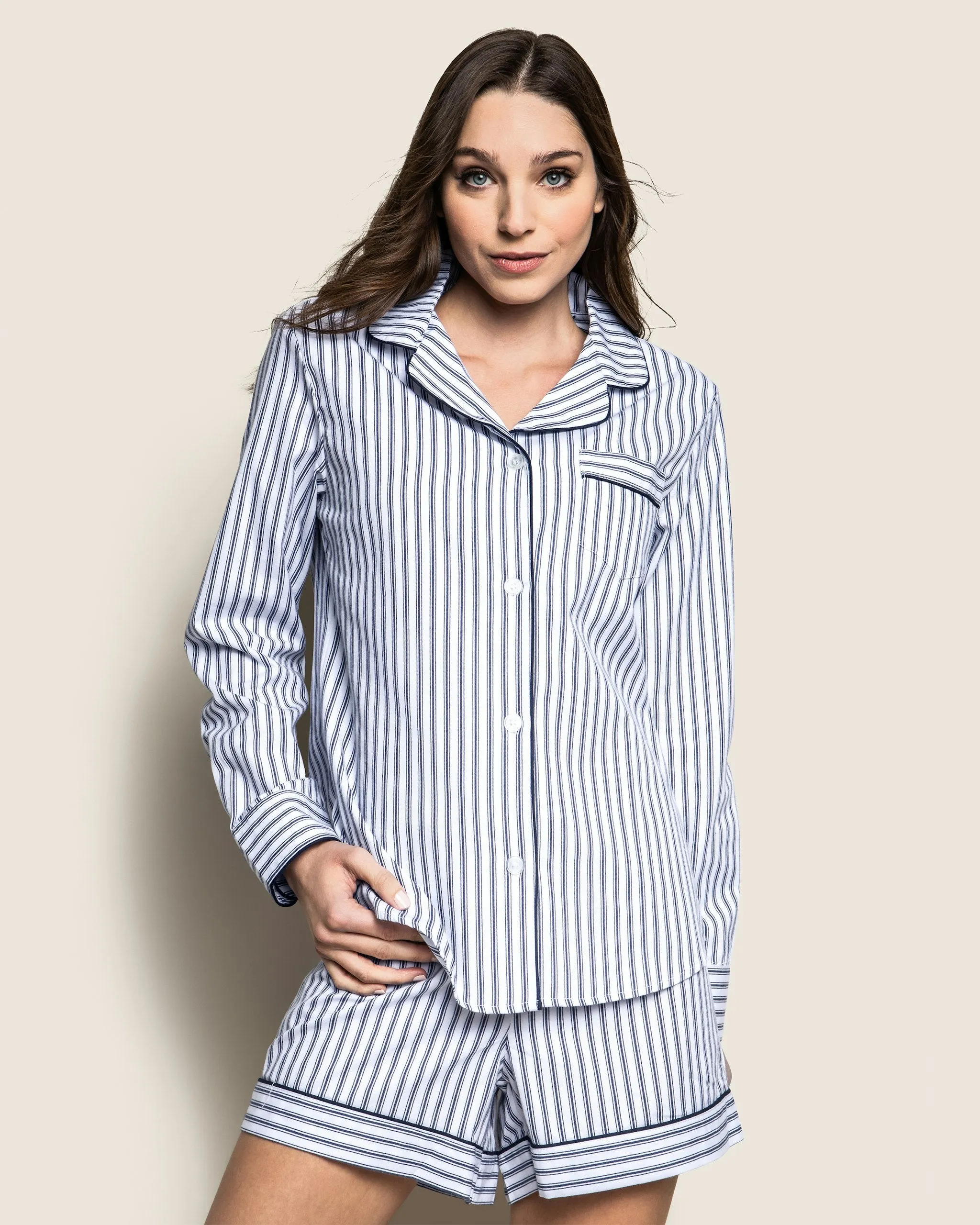 Women's Twill Pajama Long Sleeve Short Set In Navy French Ticking sold by Petite Plume product image thumbnail 2