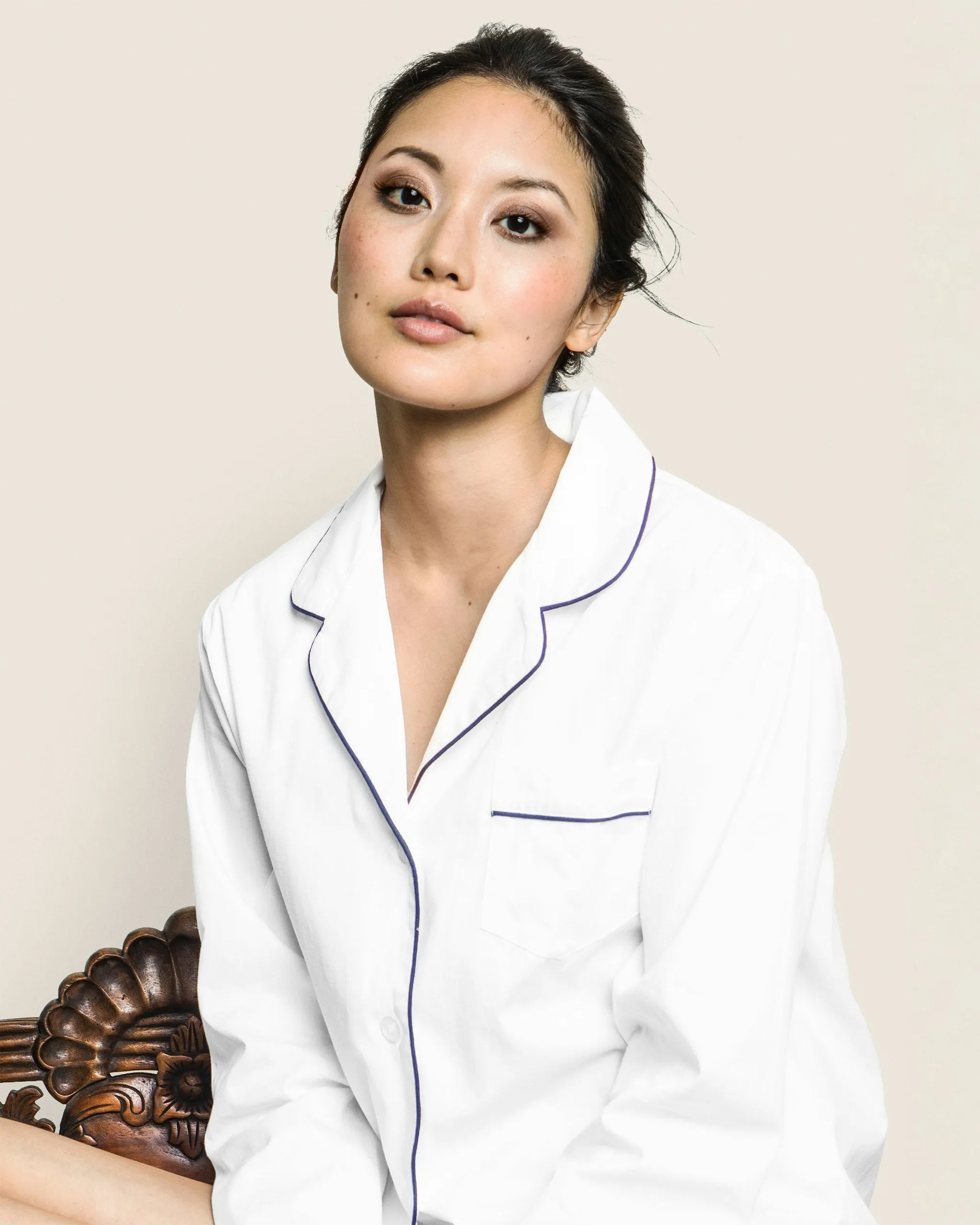 Women's Twill Pajama Long Sleeve Short Set in White with Navy Piping sold by Petite Plume product image thumbnail 4