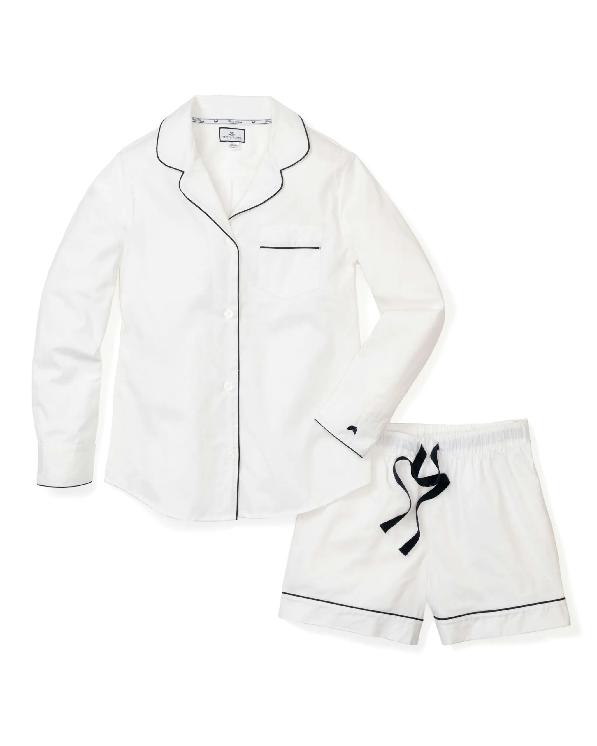 Women's Twill Pajama Long Sleeve Short Set in White with Navy Piping sold by Petite Plume