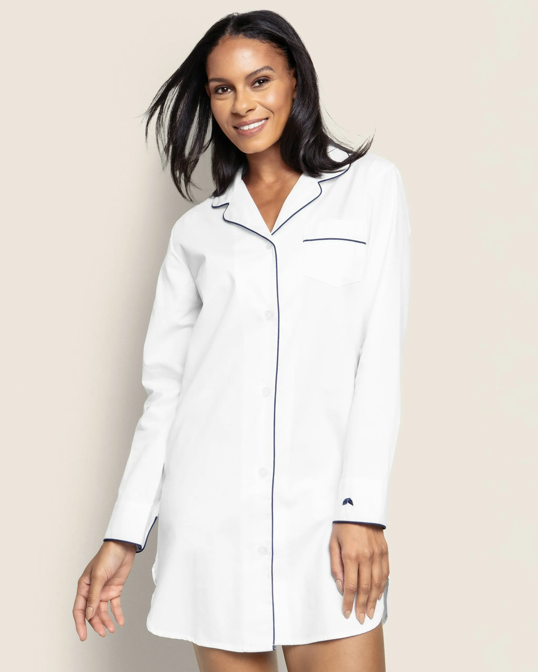 Women's Twill Nightshirt in White With Navy Piping sold by Petite Plume product image thumbnail 2