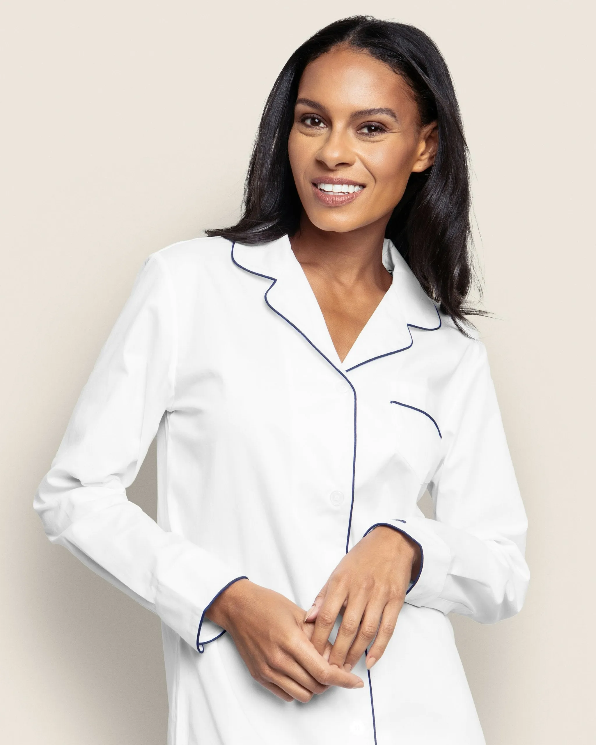 Women's Twill Nightshirt in White With Navy Piping sold by Petite Plume product image thumbnail 3