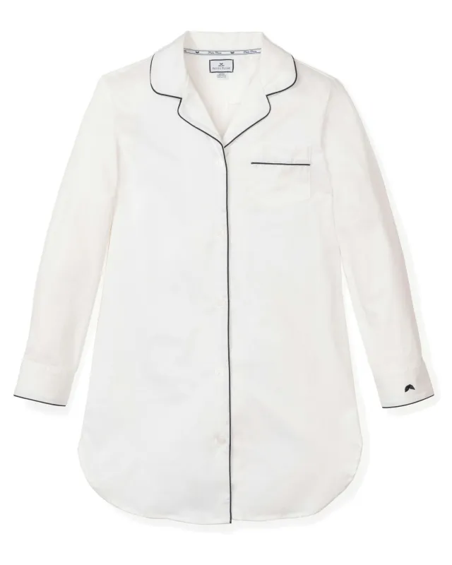 Women's Twill Nightshirt in White With Navy Piping sold by Petite Plume