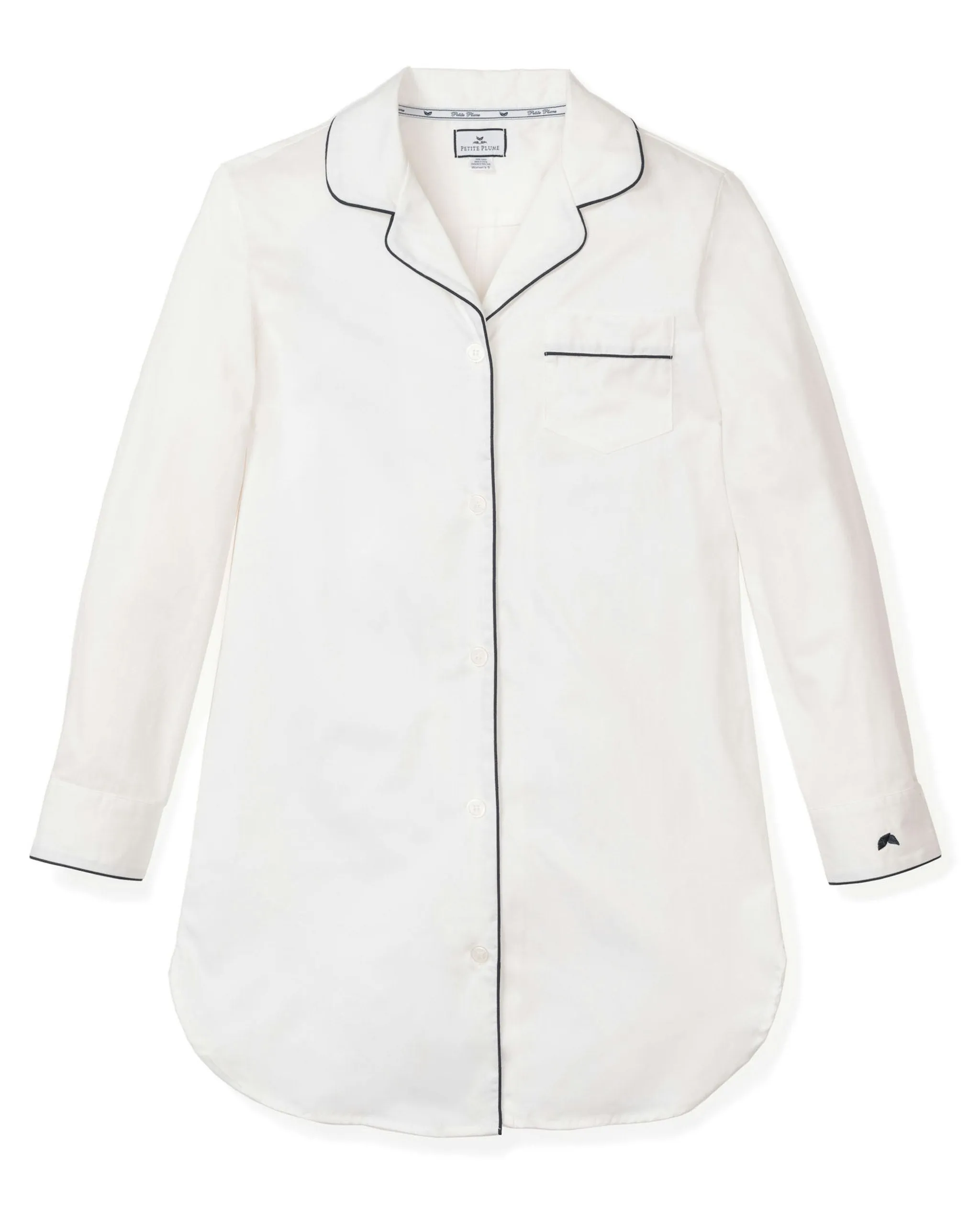 Women's Twill Nightshirt in White With Navy Piping sold by Petite Plume