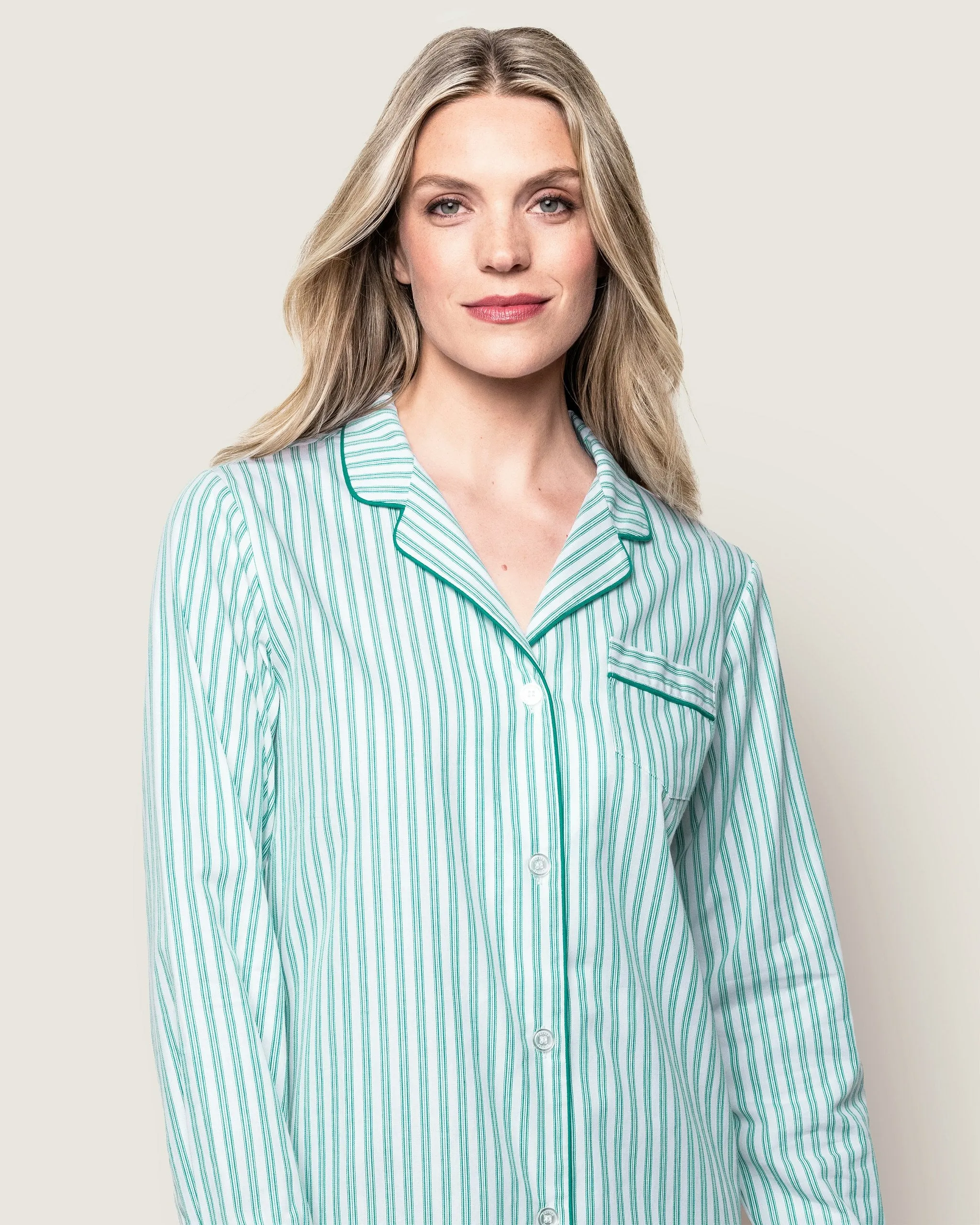 Women's Twill Pajama Set in Emerald Ticking sold by Petite Plume product image thumbnail 3