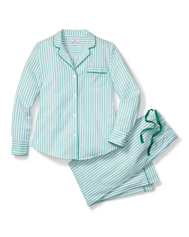 Women's Twill Pajama Set in Emerald Ticking sold by Petite Plume