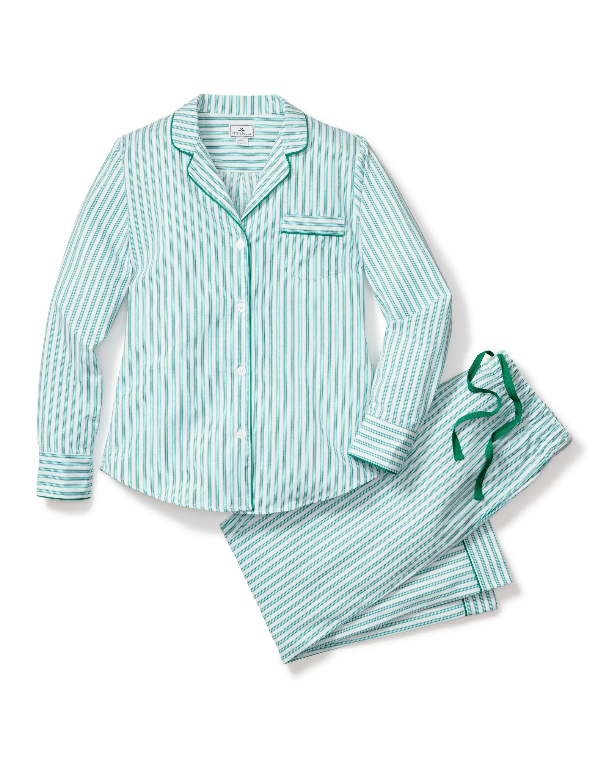 Women's Twill Pajama Set in Emerald Ticking sold by Petite Plume