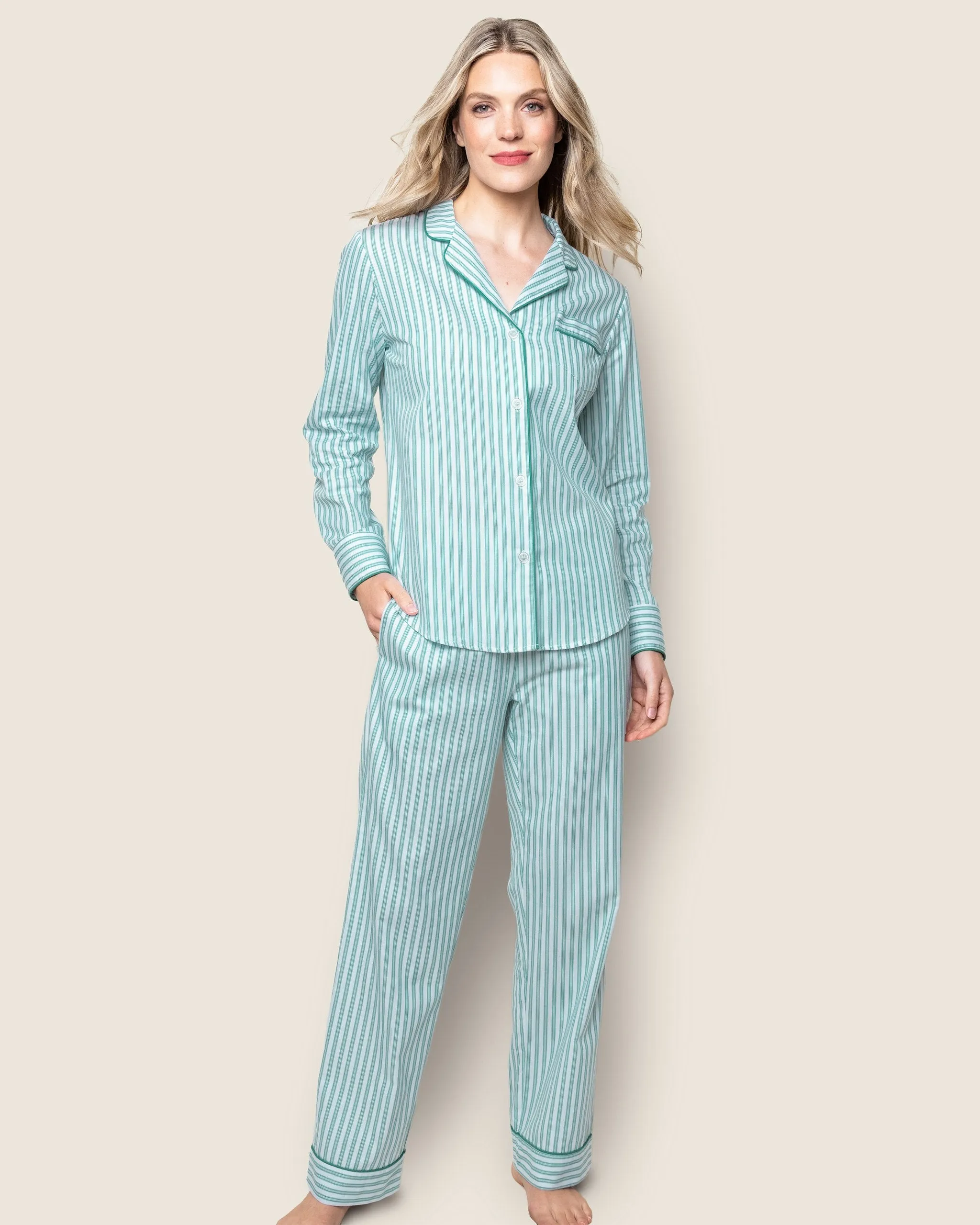 Women's Twill Pajama Set in Emerald Ticking sold by Petite Plume product image thumbnail 2