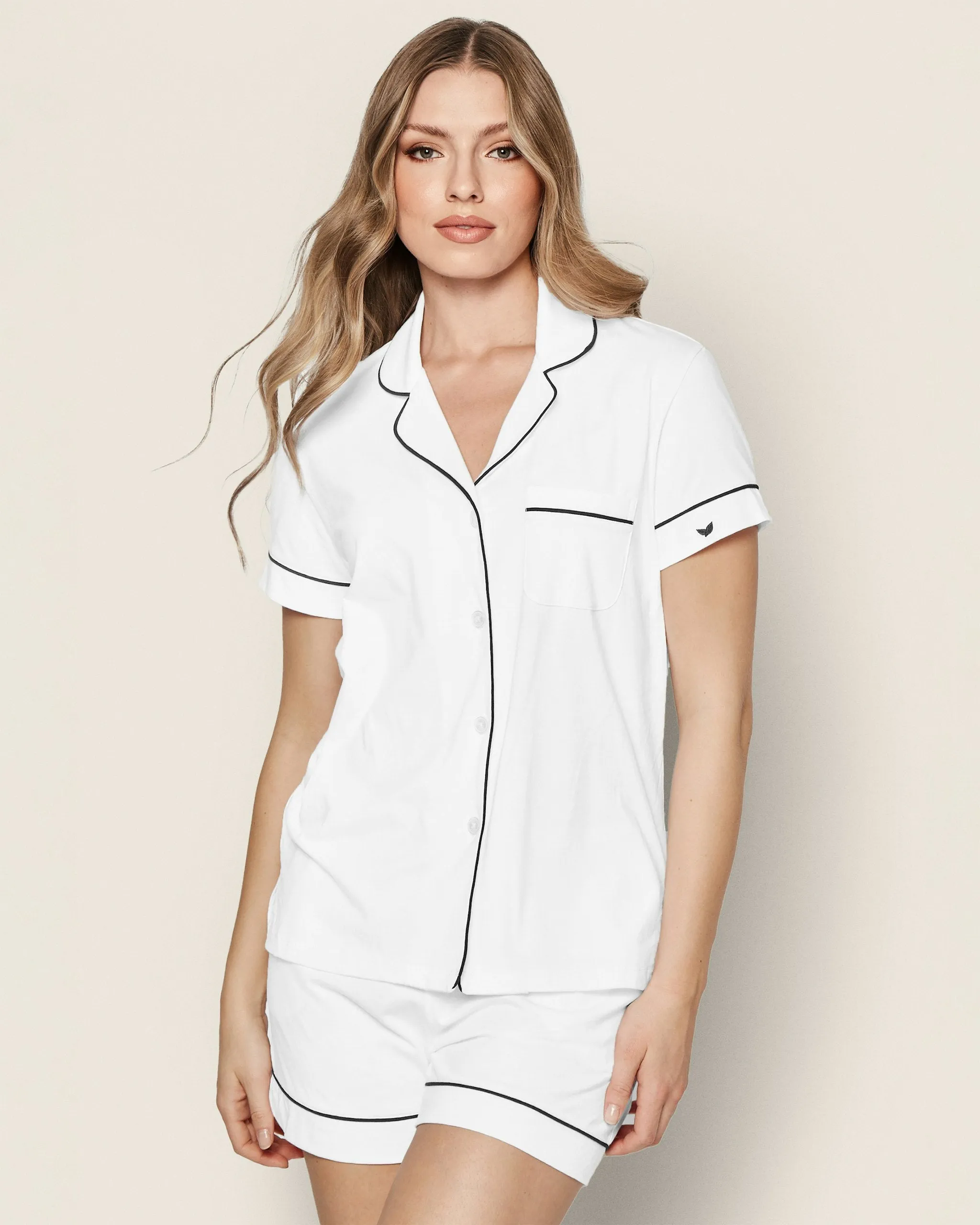 Women's Pima Short Sleeve Short Set in White with Navy Piping sold by Petite Plume product image thumbnail 2