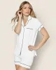 Women's Pima Short Sleeve Short Set in White with Navy Piping sold by Petite Plume