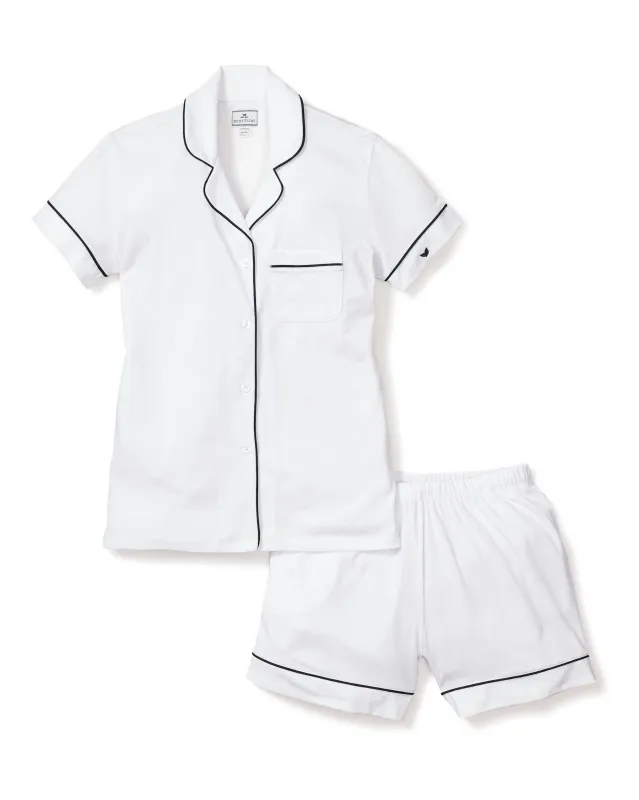 Women's Pima Short Sleeve Short Set in White with Navy Piping sold by Petite Plume
