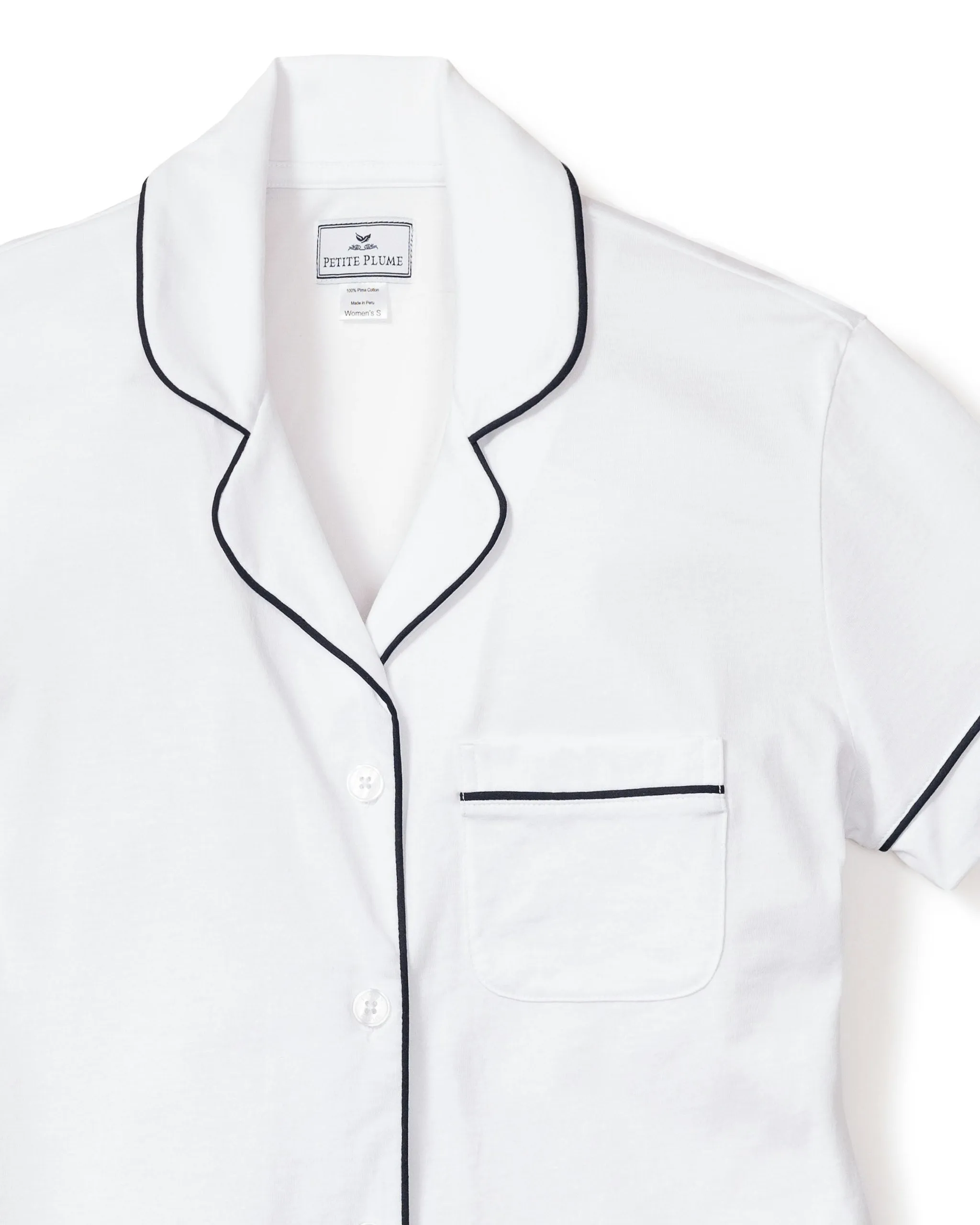 Women's Pima Short Sleeve Short Set in White with Navy Piping sold by Petite Plume product image thumbnail 5