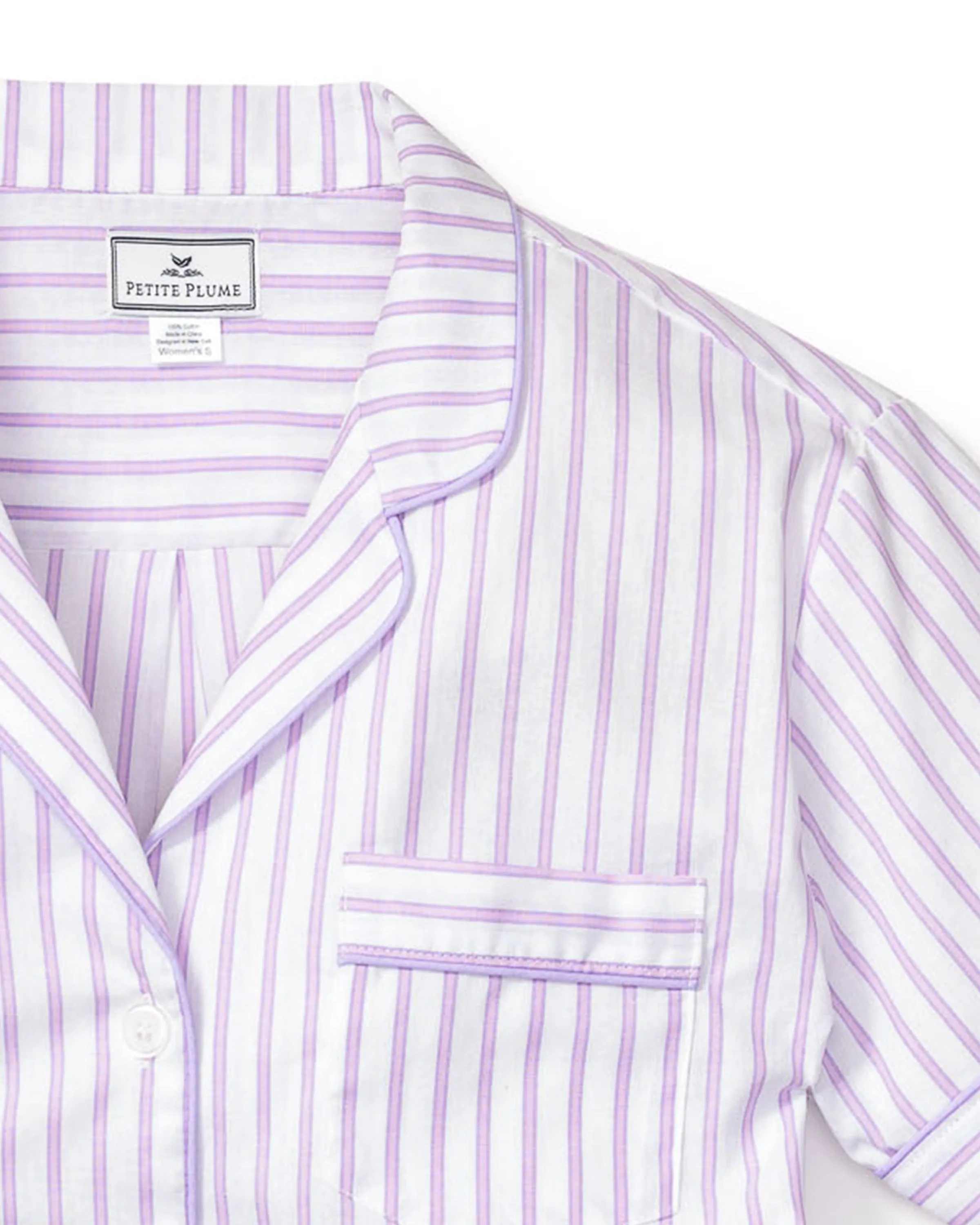 Women's Twill Short Sleeve Short Set in Lavender French Ticking sold by Petite Plume product image thumbnail 4