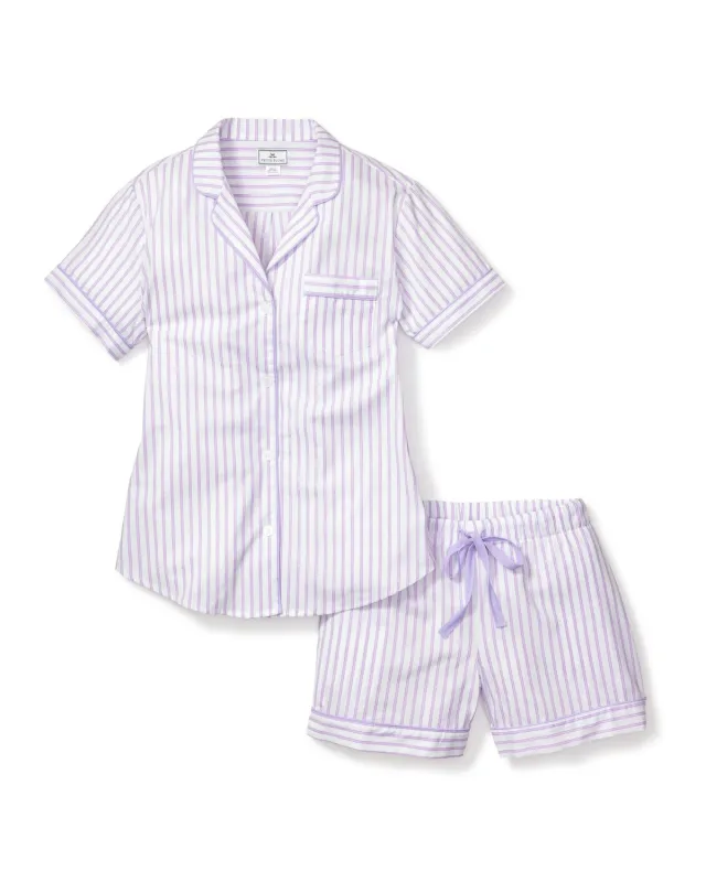 Women's Twill Short Sleeve Short Set in Lavender French Ticking sold by Petite Plume