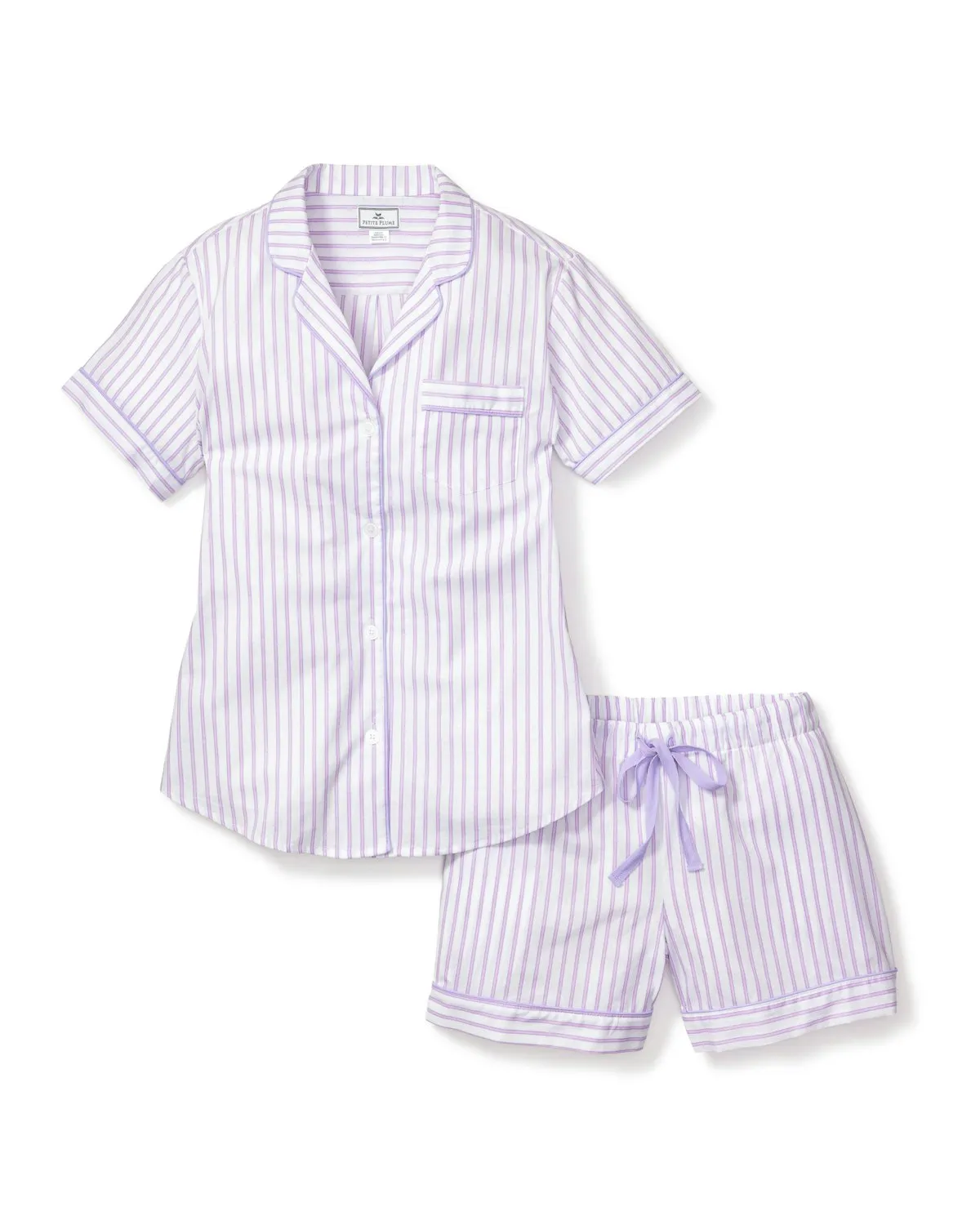 Women's Twill Short Sleeve Short Set in Lavender French Ticking sold by Petite Plume
