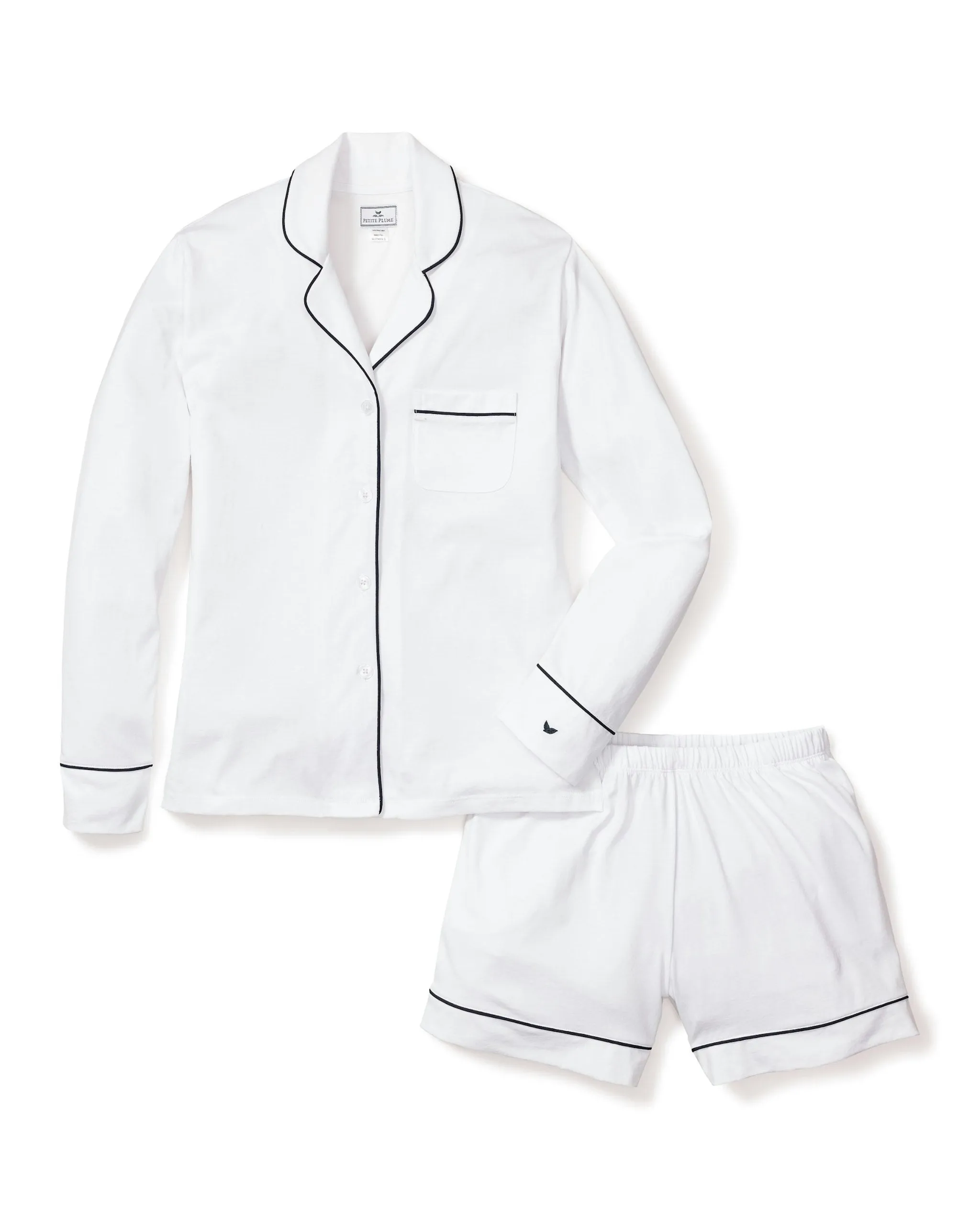 Women's Pima Long Sleeve Short Set in White with Navy Piping sold by Petite Plume