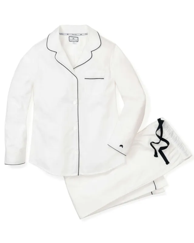 Women's Twill Pajama Set in White With Navy Piping sold by Petite Plume