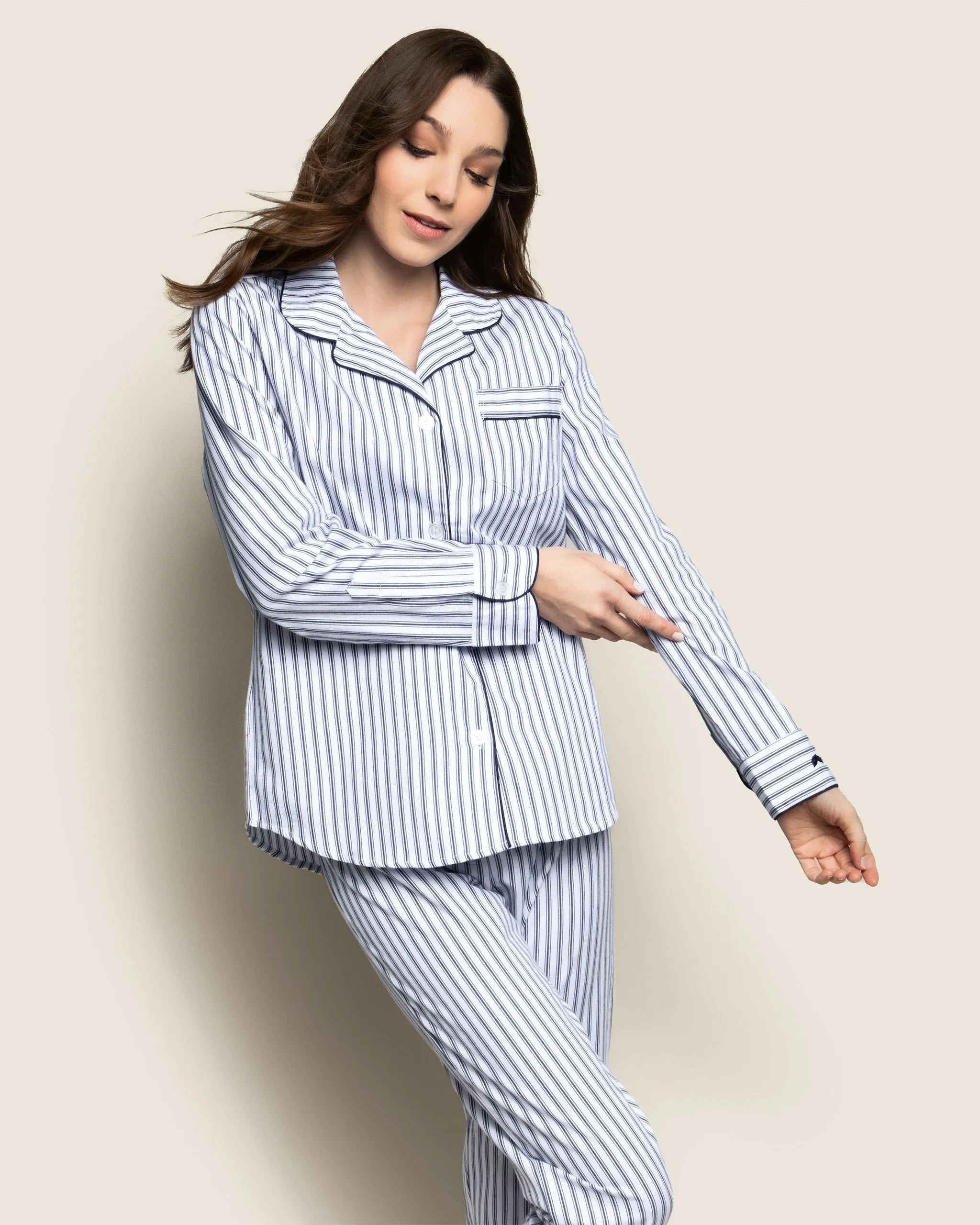 Women's Twill Pajama Set in Navy French Ticking sold by Petite Plume product image thumbnail 3