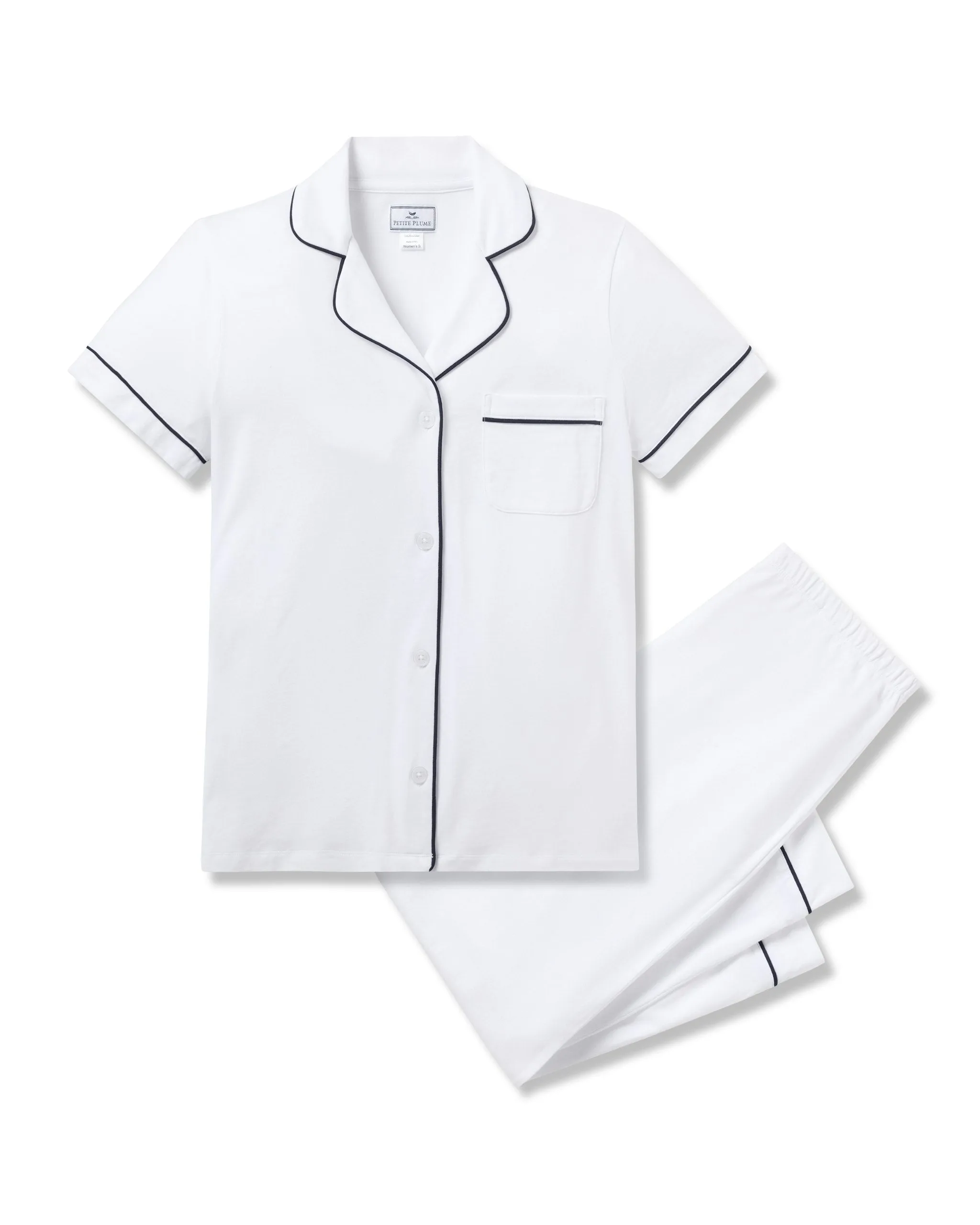 Women's Pima Crop Set in White with Navy Piping sold by Petite Plume