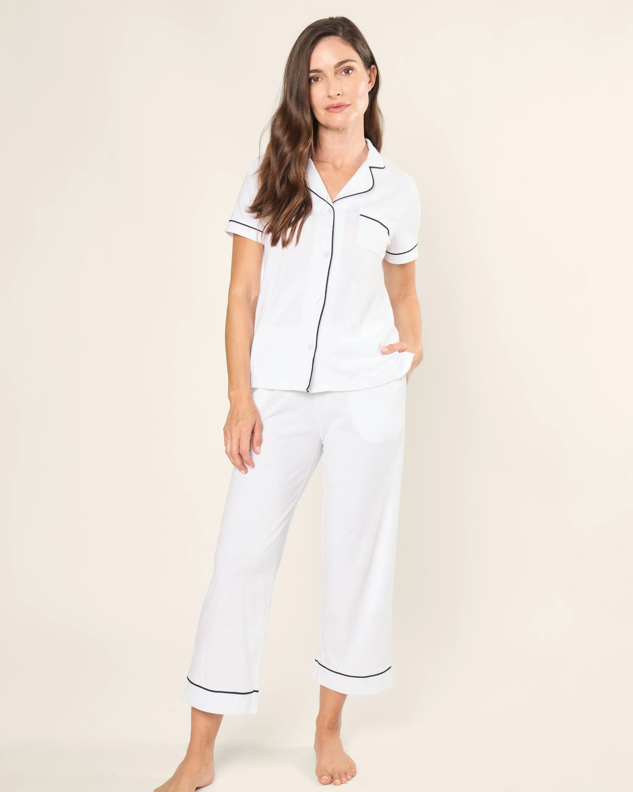 Women's Pima Crop Set in White with Navy Piping sold by Petite Plume product image thumbnail 2