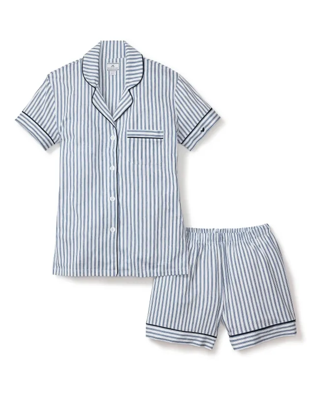 Women's Pima Short Sleeve Short Set in Navy French Ticking sold by Petite Plume